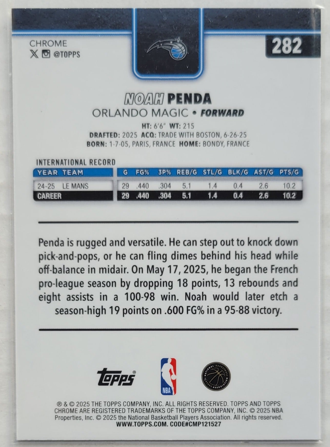 Noah Penda - 2025-26 Topps Chrome Prism Refractors #282 RC
