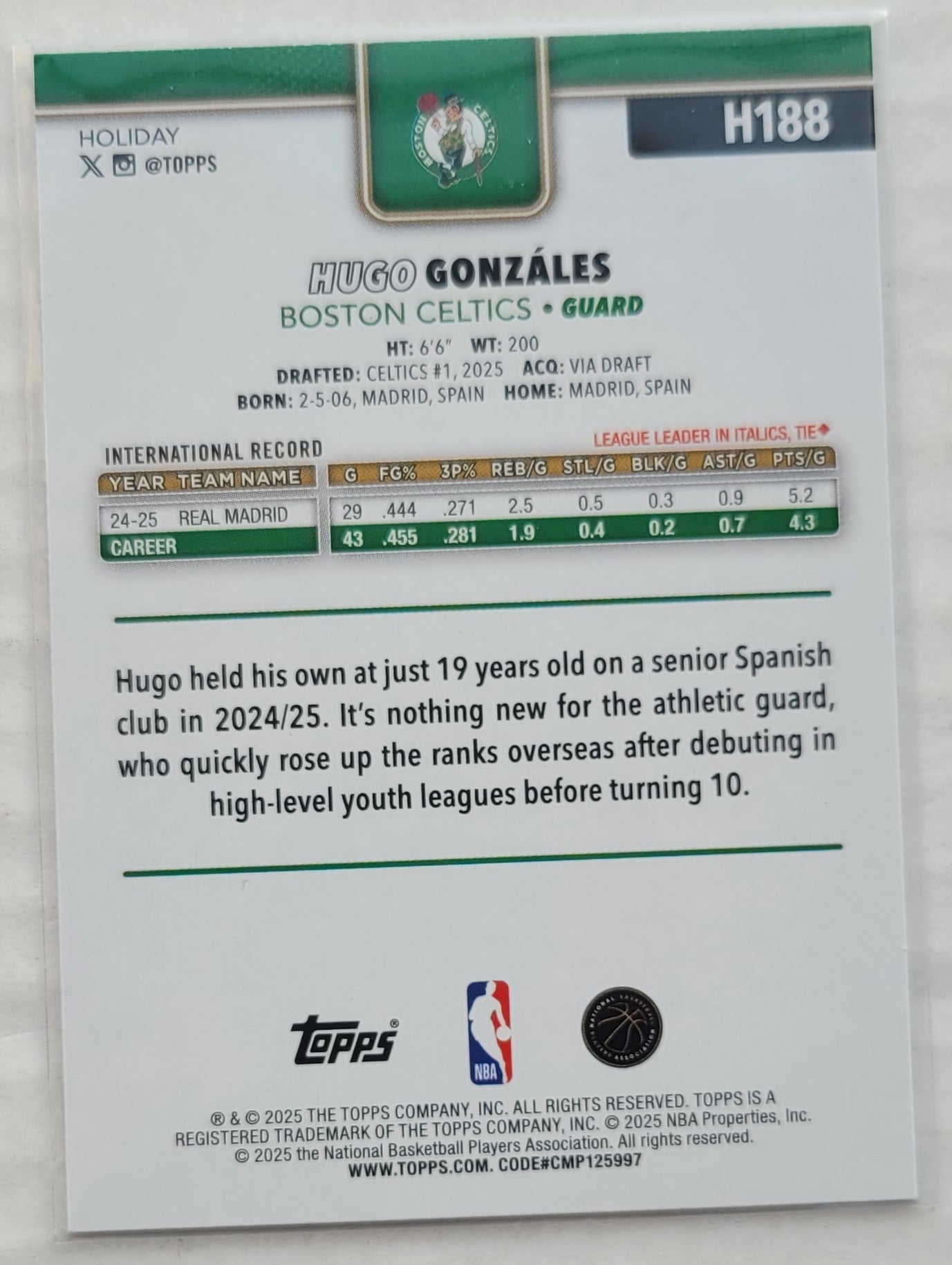 Hugo Gonzales - 2025-26 Topps Holiday #H188 RC