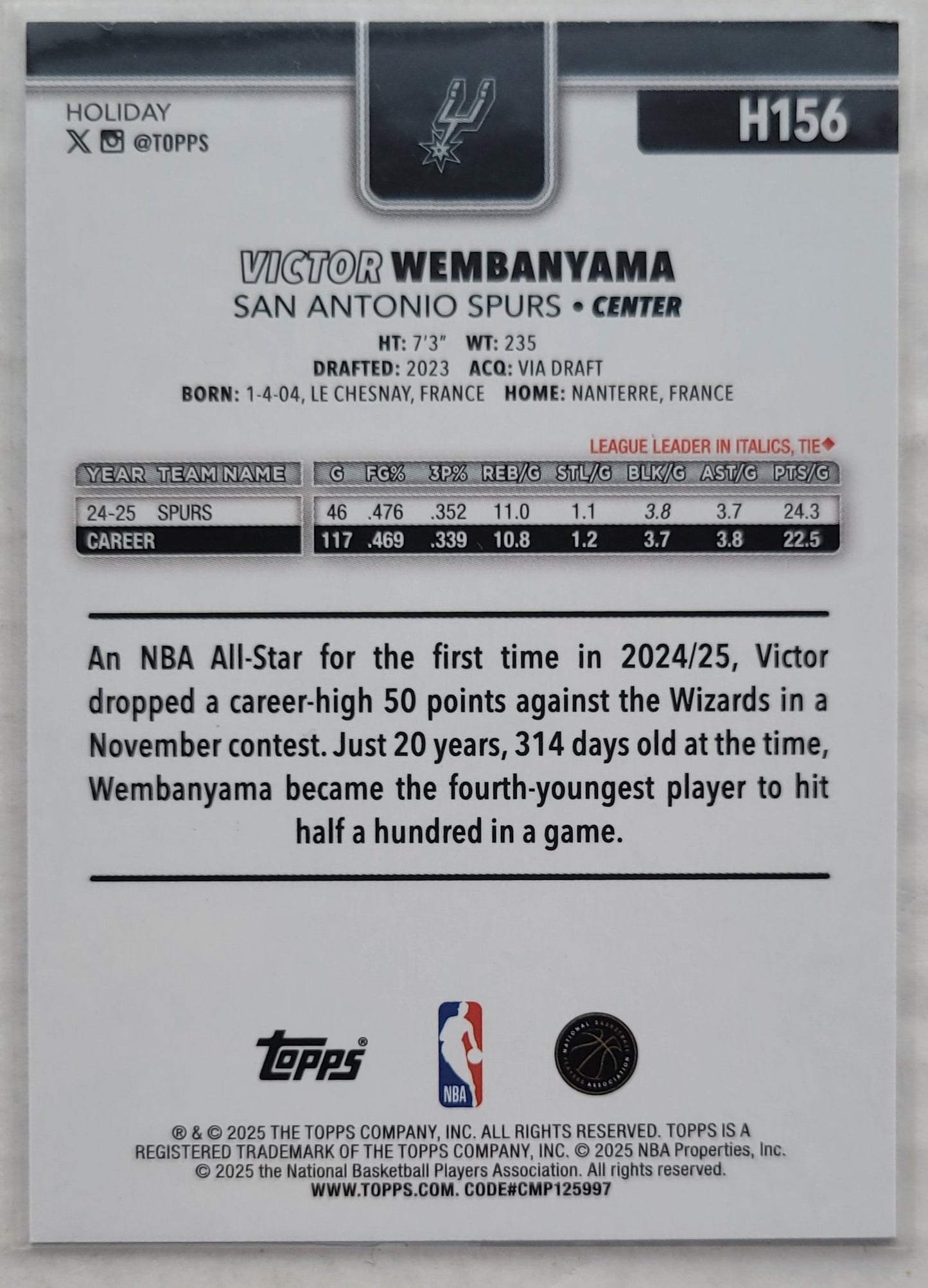 Victor Wembanyama - 2025-26 Topps Holiday #H156