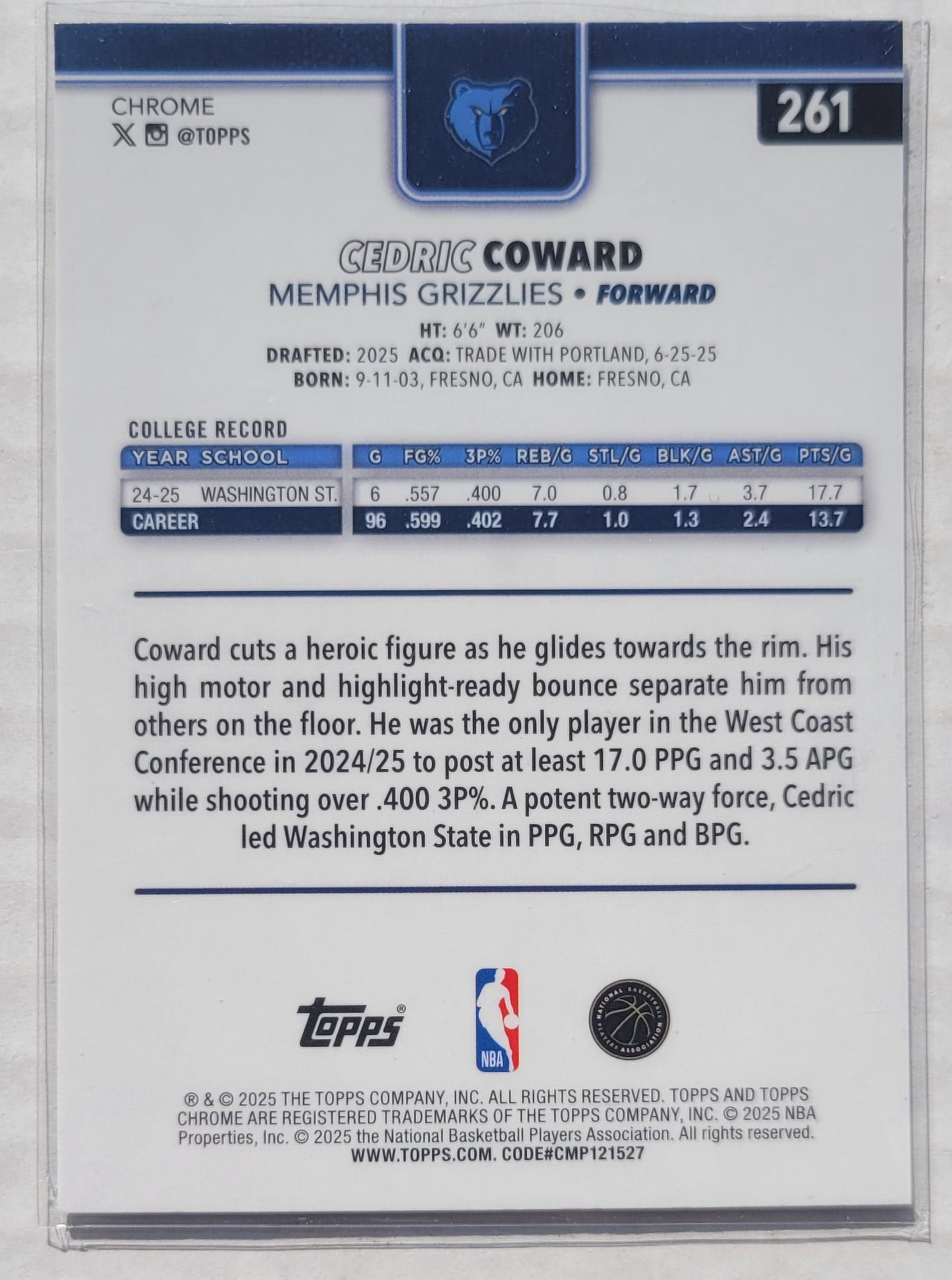 Cedric Coward - 2025-26 Topps Chrome #261 RC