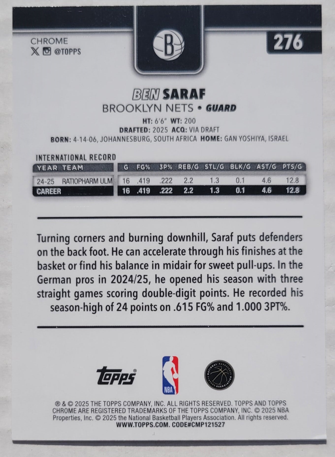 Ben Saraf - 2025-26 Topps Chrome X-Fractors #276 RC