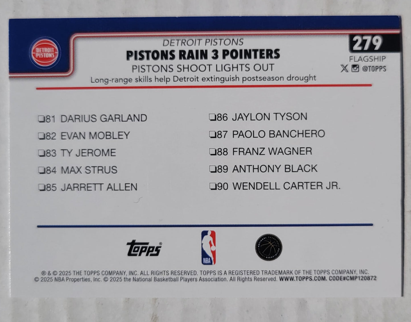 Tobias Harris / Cade Cunningham / Tim Hardaway Jr - 2025-26 Topps Rainbow Foilboard #279 Pistons Rain 3 Pointers