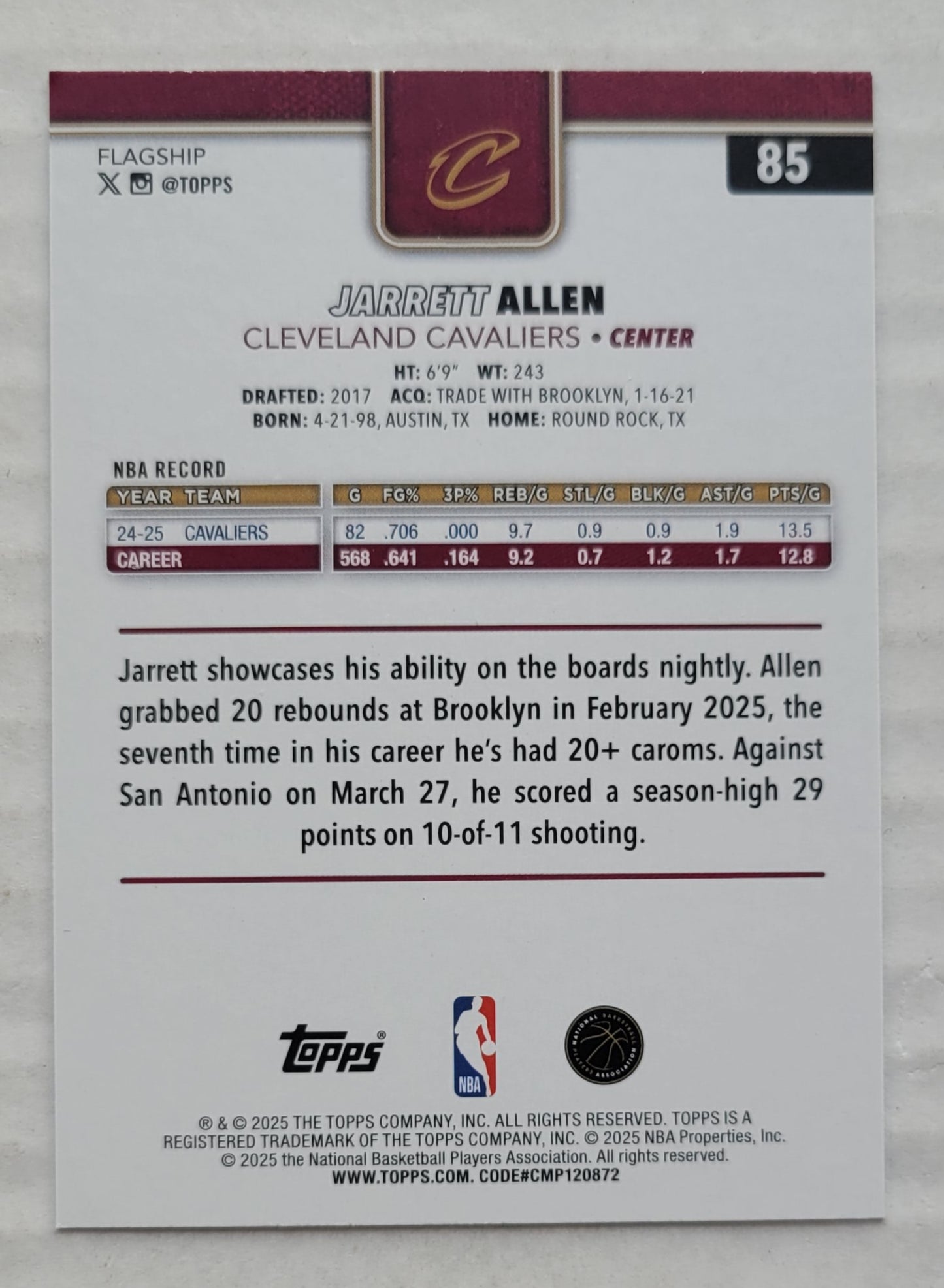 Jarrett Allen - 2025-26 Topps Gold #85 - 1625/2025