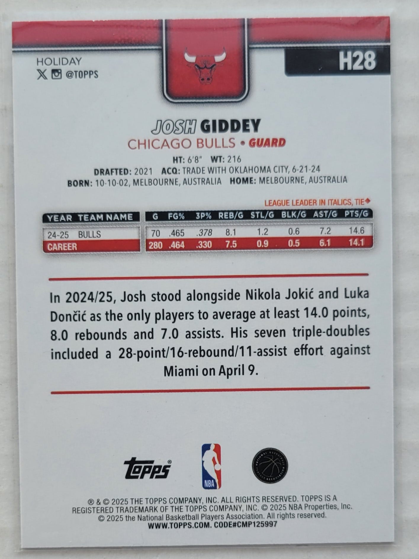 Josh Giddey - 2025-26 Topps Holiday Glitter Holiday #H28