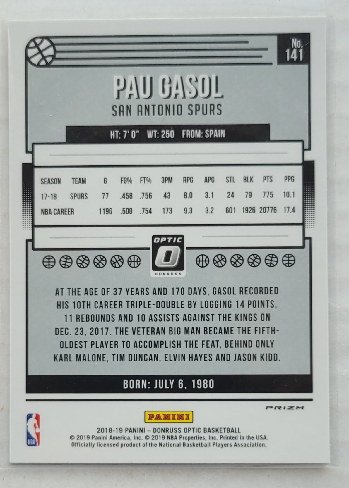 Pau Gasol - 2018-19 Donruss Optic Fast Break Holo #141