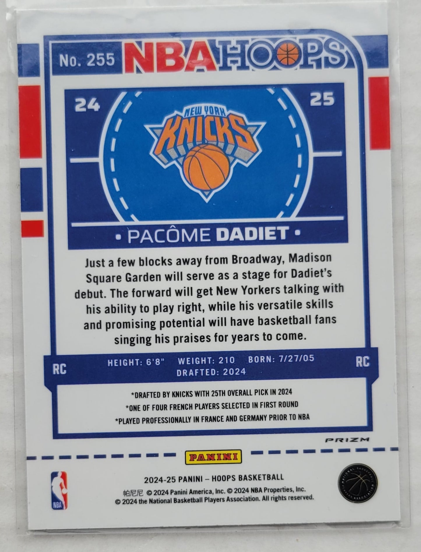 Pacome Dadiet - 2024-25 Hoops Premium Prizms Winter #255 RC