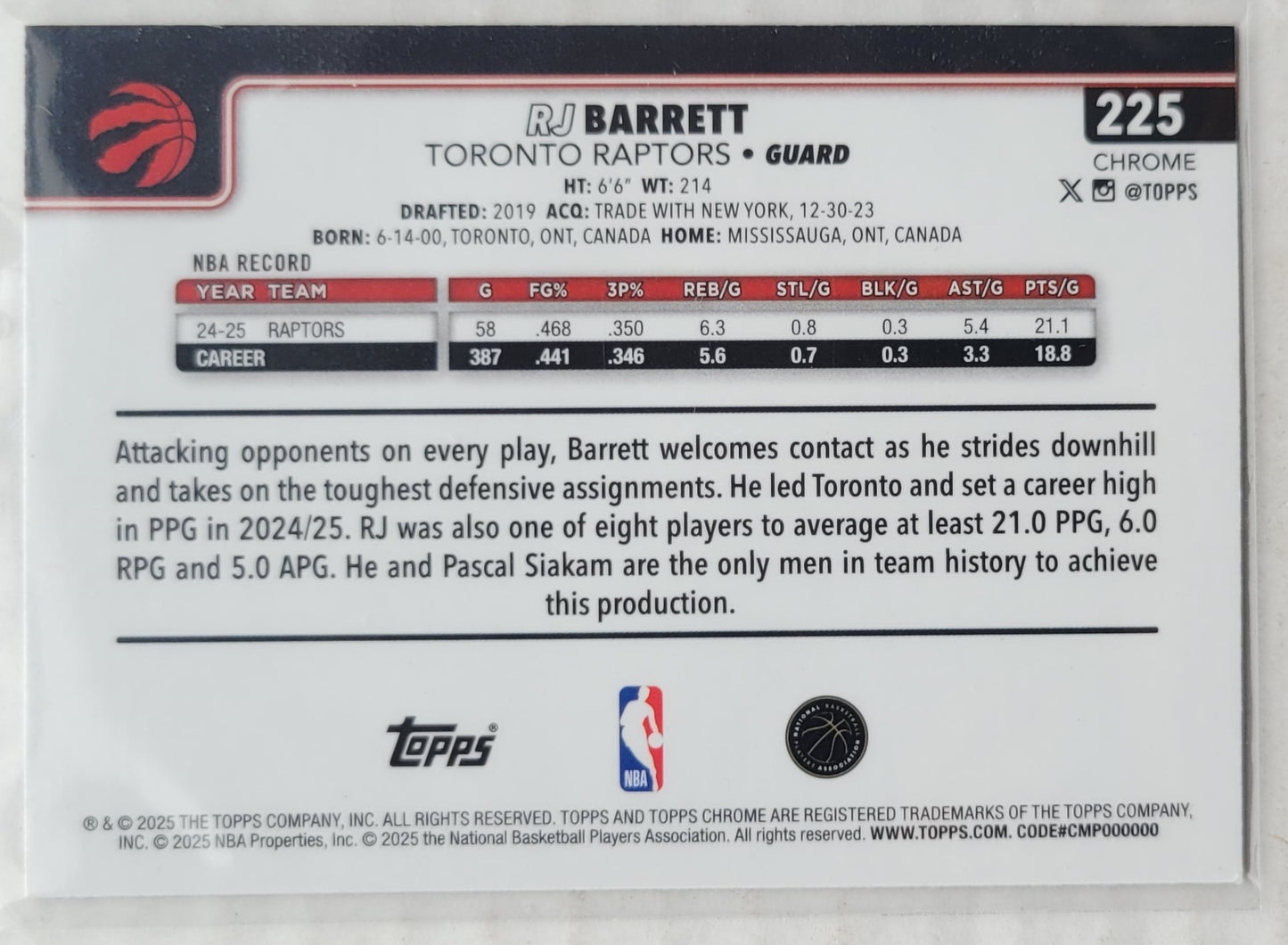 RJ Barrett - 2025-26 Topps Chrome Basketball Refractors #225
