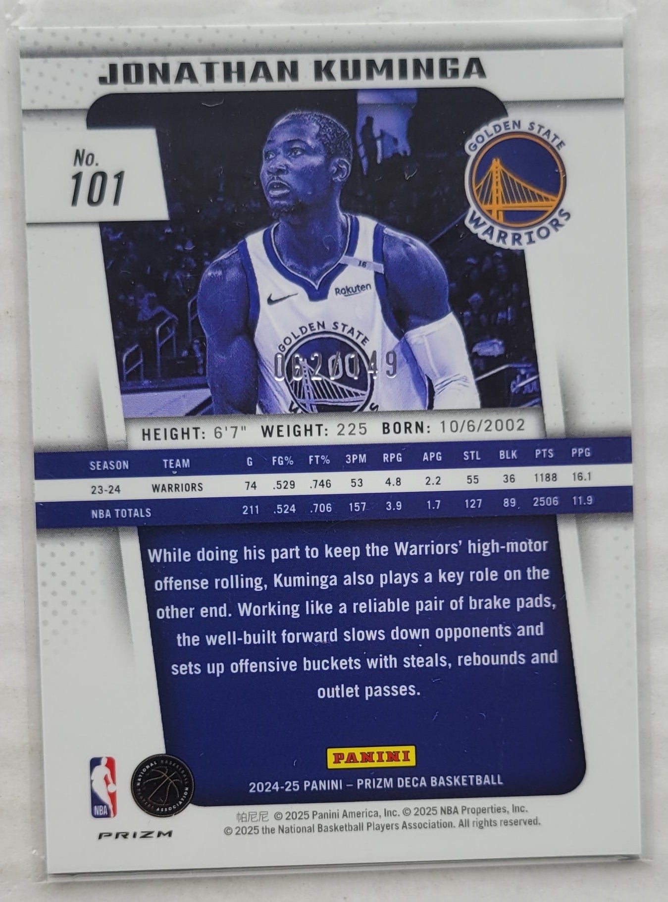 Jonathan Kuminga - 2024-25 Prizm Deca Prizms Blue #101 - 062/149