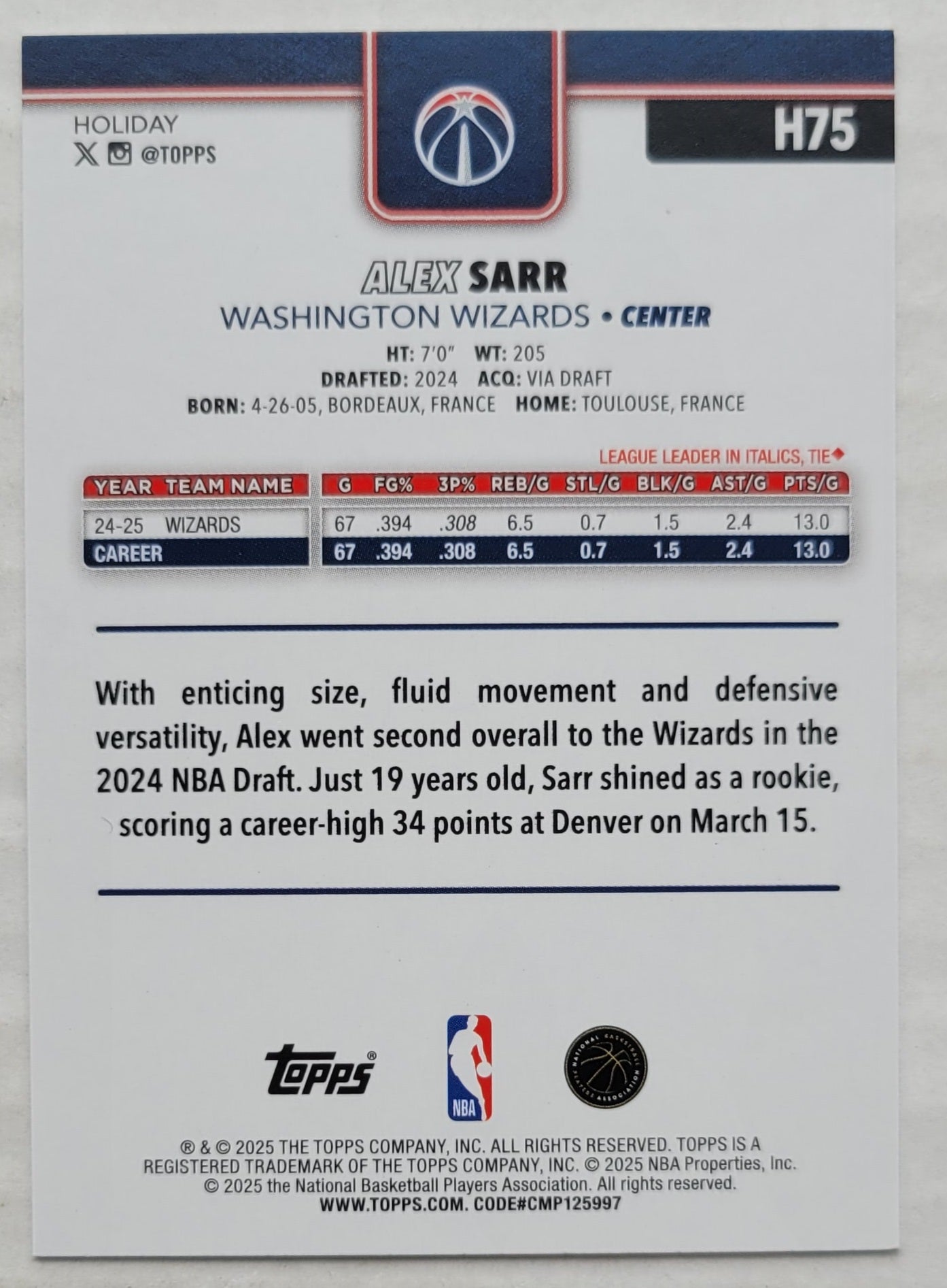 Alex Sarr - 2025-26 Topps Holiday #H75
