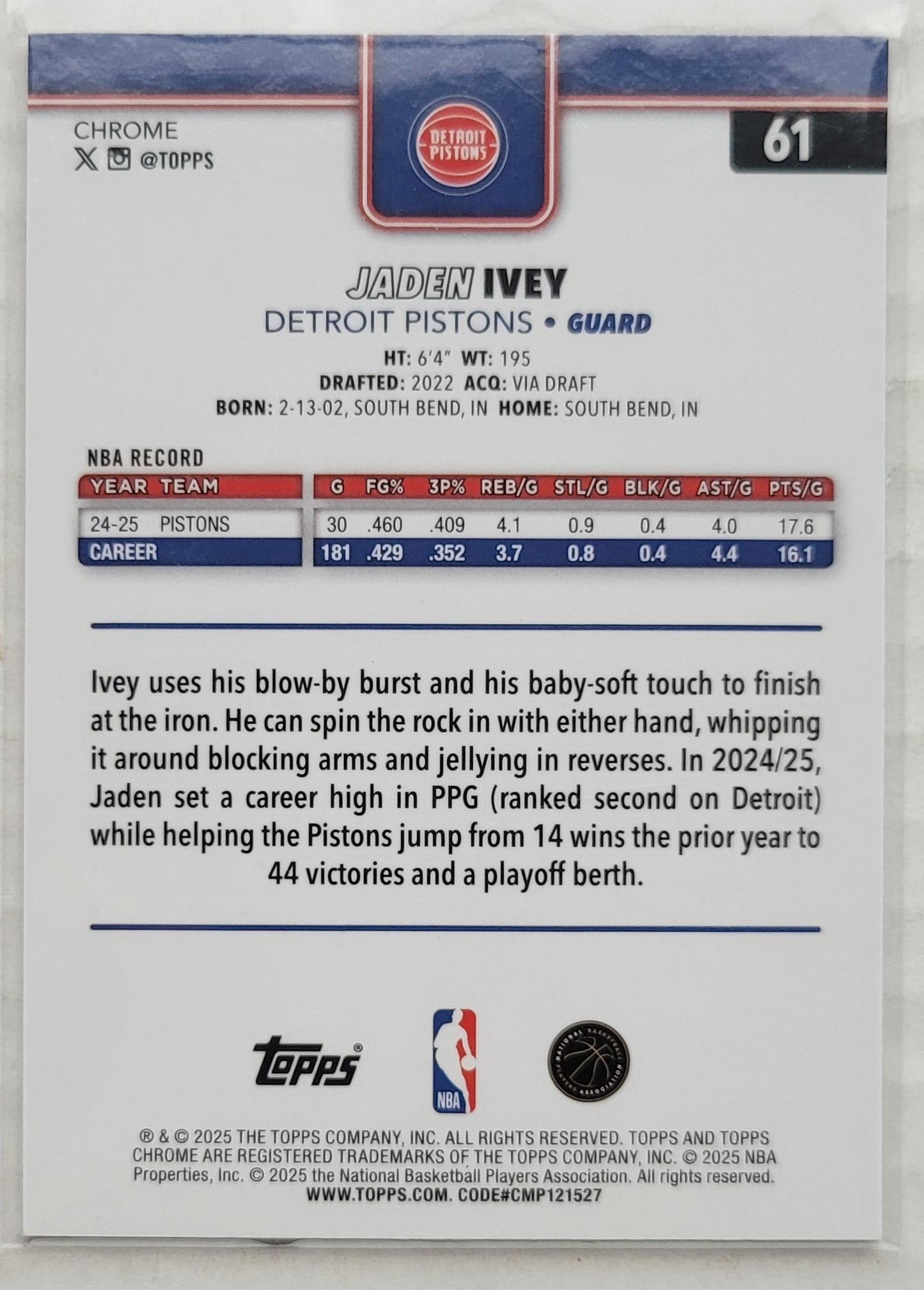 Jaden Ivey - 2025-26 Topps Chrome Basketball Refractors #61