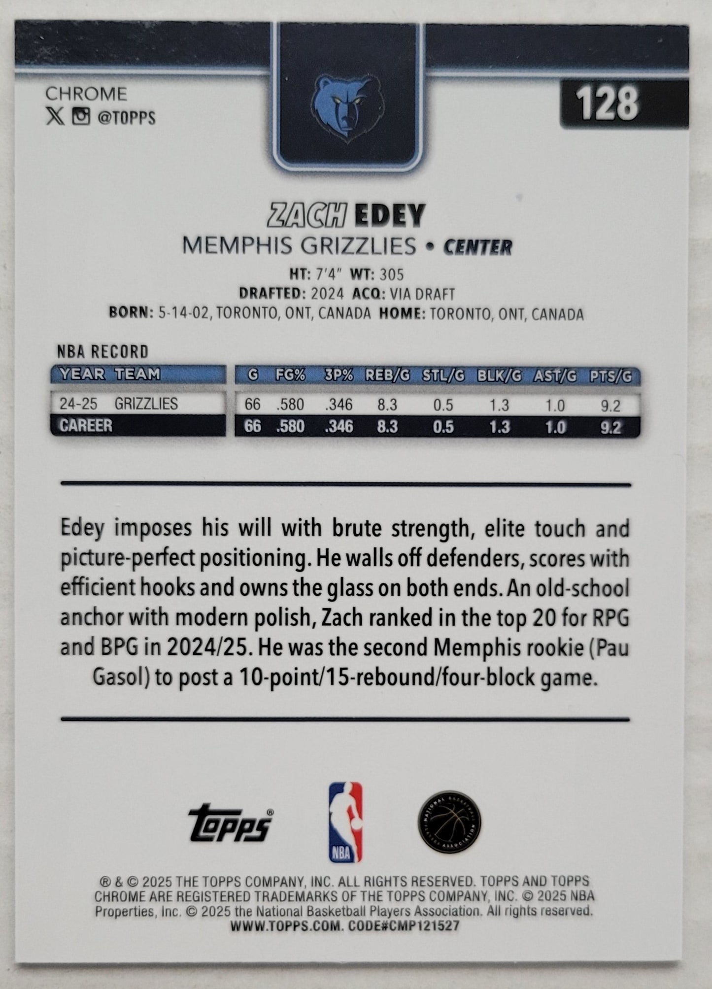 Zach Edey - 2025-26 Topps Chrome Red White and Blue Refractors #128