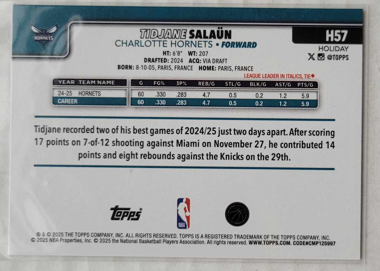 Tidjane Salaun - 2025-26 Topps Holiday Glitter Holiday #H57