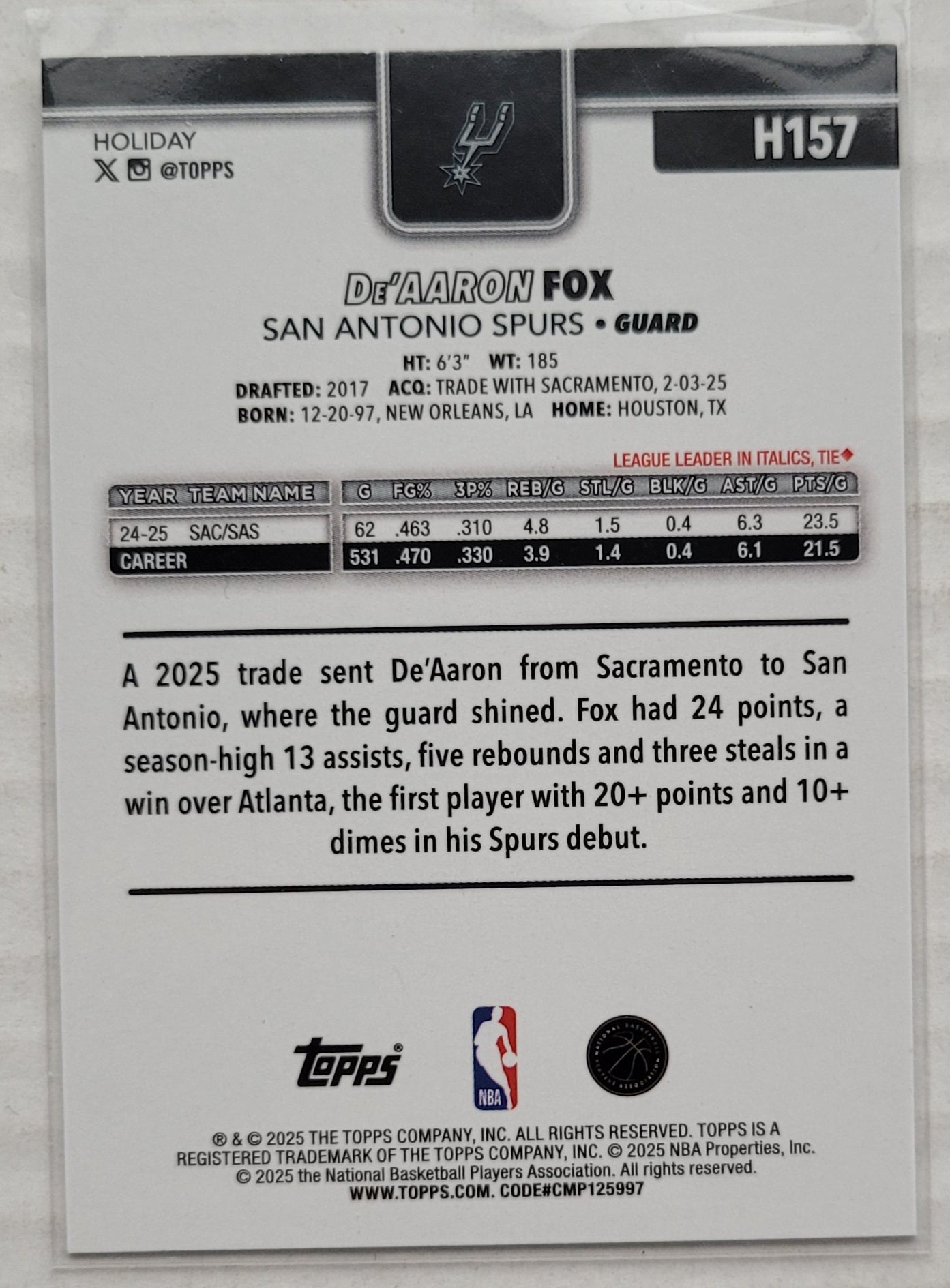 De'Aaron Fox - 2025-26 Topps Holiday Glitter Holiday #H157