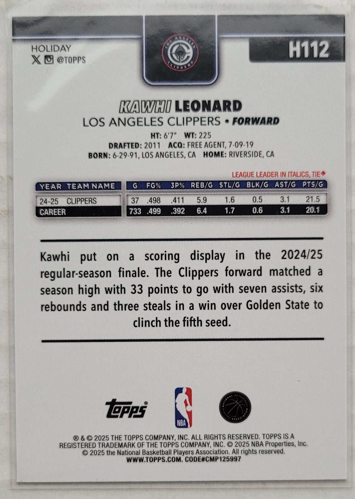 Kawhi Leonard - 2025-26 Topps Holiday Glitter Holiday #H112