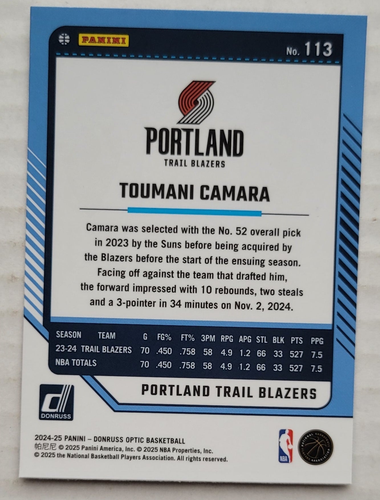 Toumani Camara - 2024-25 Donruss Optic #113
