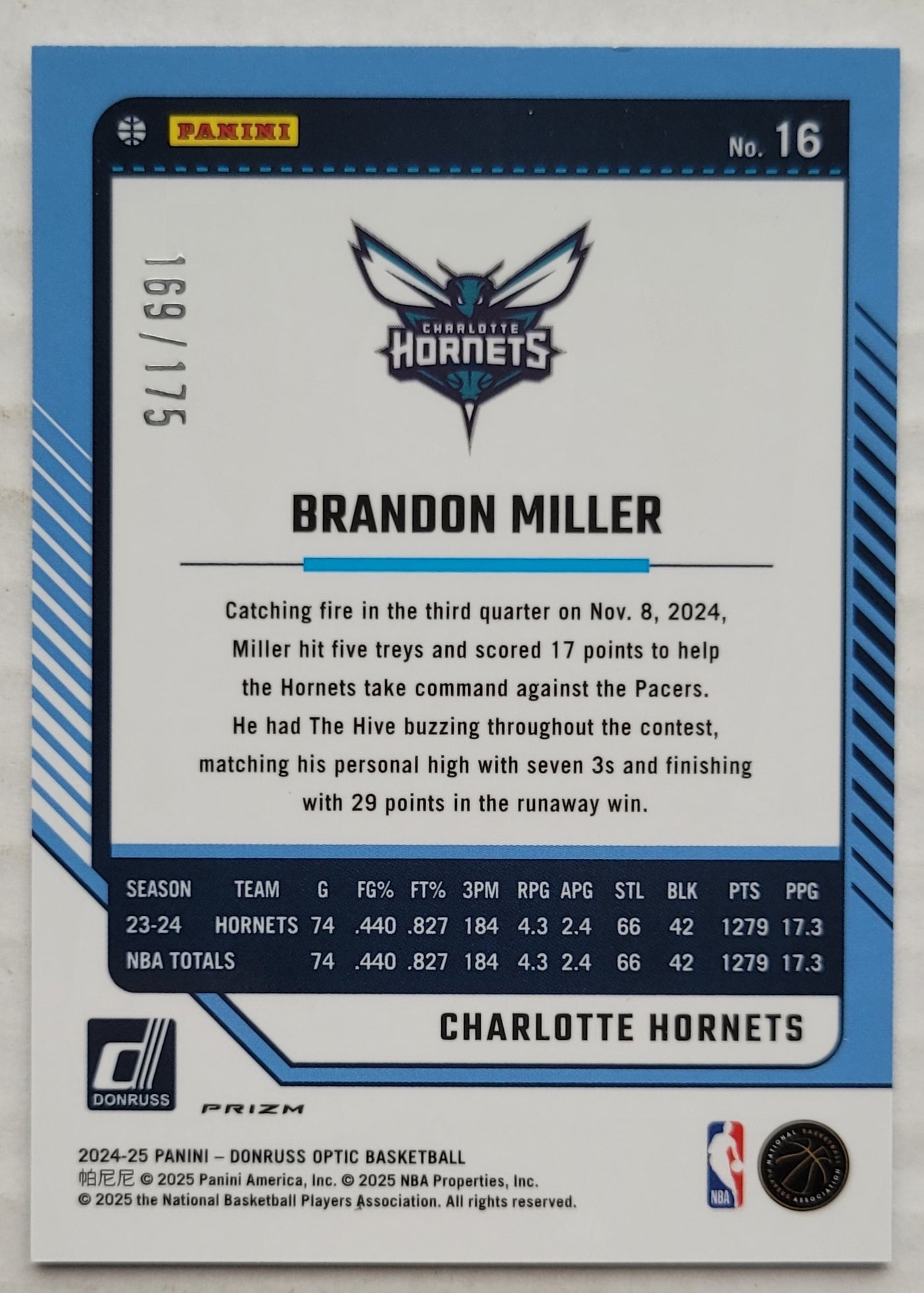 Brandon Miller - 2024-25 Donruss Optic Hyper Blue #16 - 169/175
