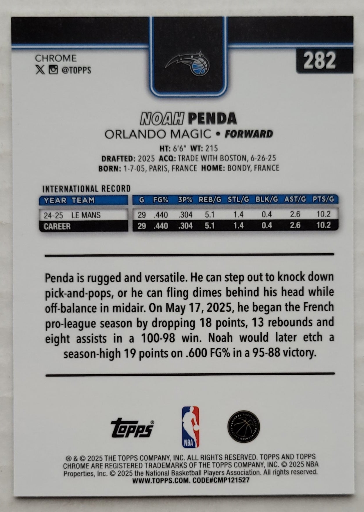 Noah Penda - 2025-26 Topps Chrome Refractors #282 RC
