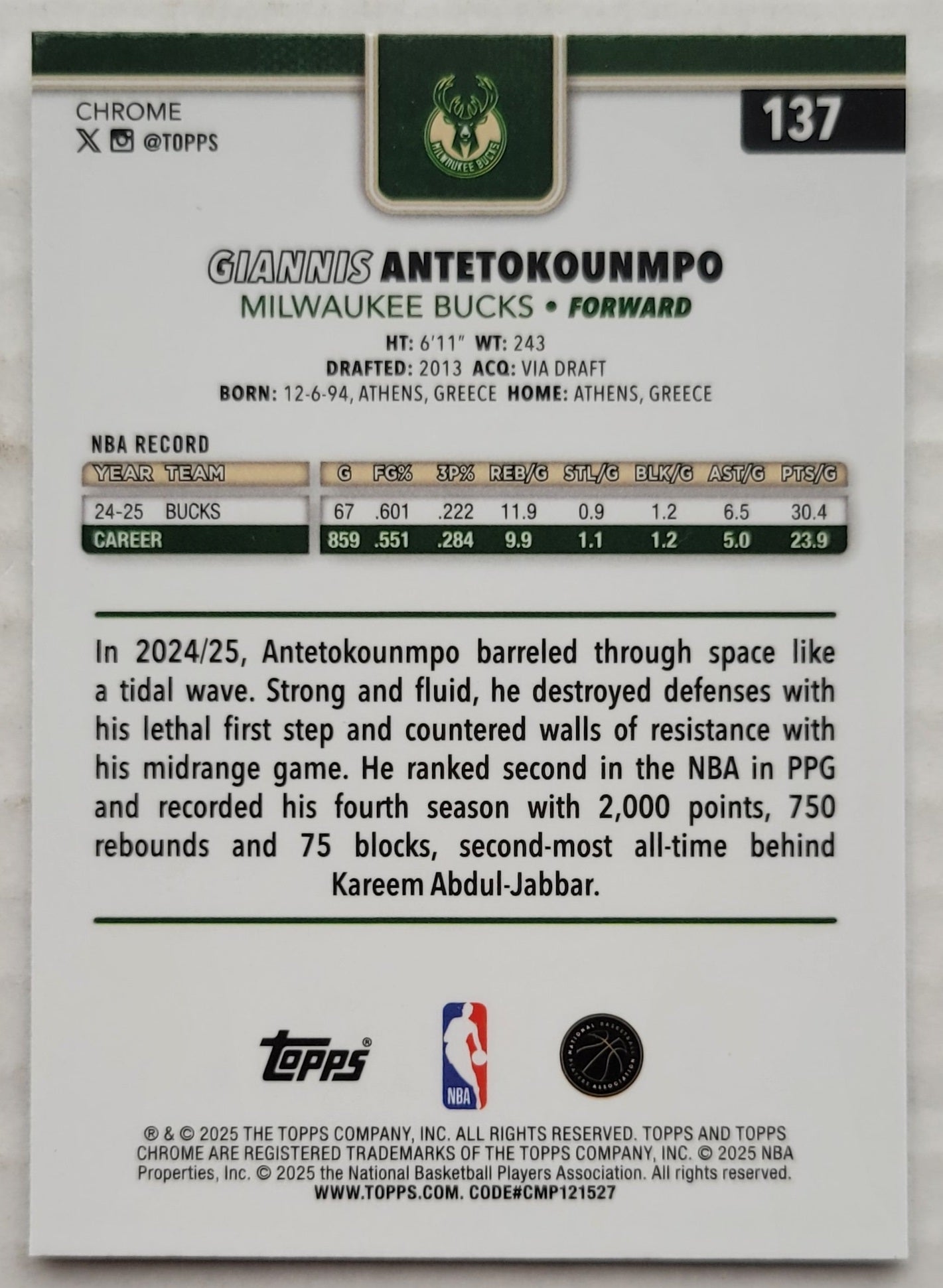Giannis Antetokounmpo - 2025-26 Topps Chrome #137