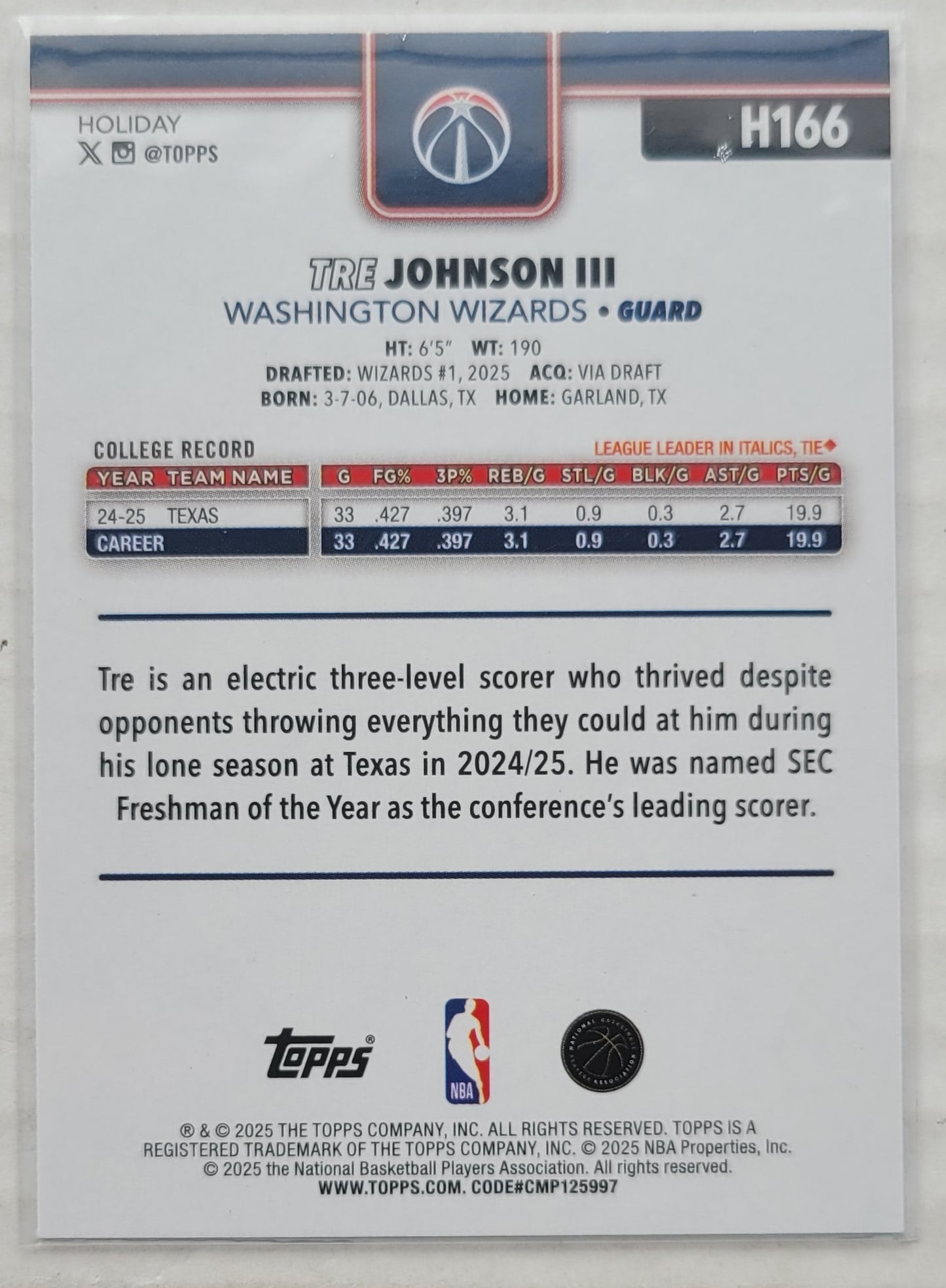 Tre Johnson III - 2025-26 Topps Holiday Glitter Holiday #H166 RC