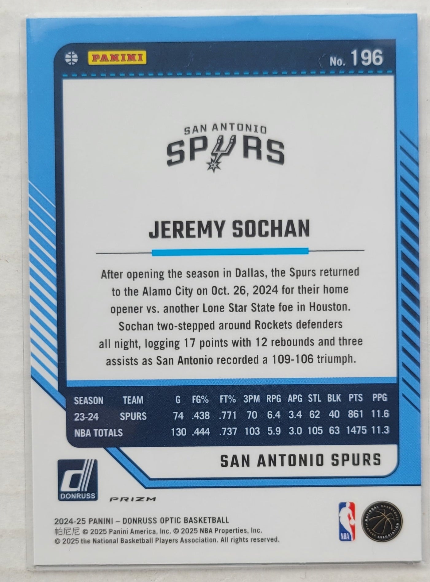 Jeremy Sochan - 2024-25 Donruss Optic Purple #196