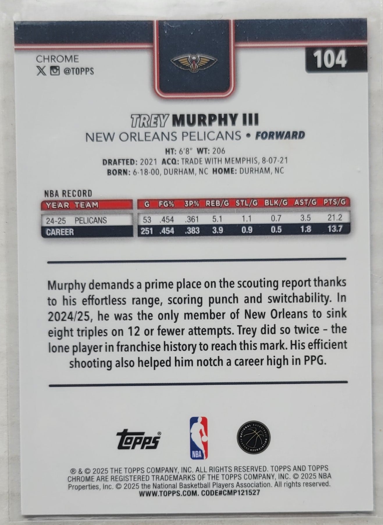 Trey Murphy III - 2025-26 Topps Chrome Red White and Blue Refractors #104