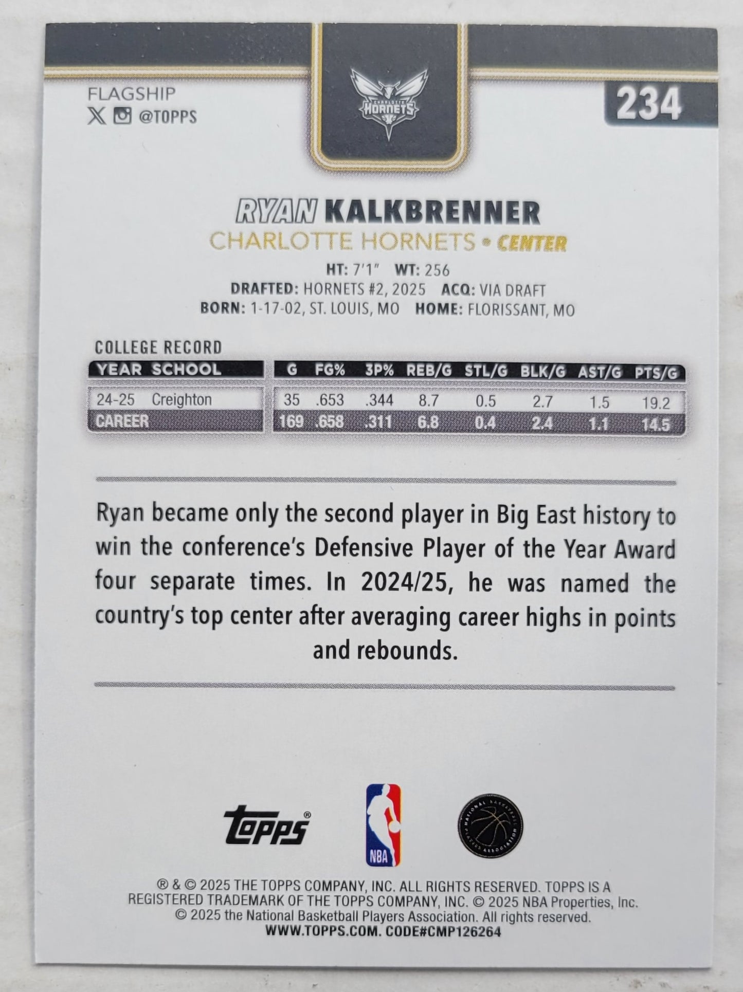 Ryan Kalkbrenner - 2025-26 Topps Blackout #234 RC
