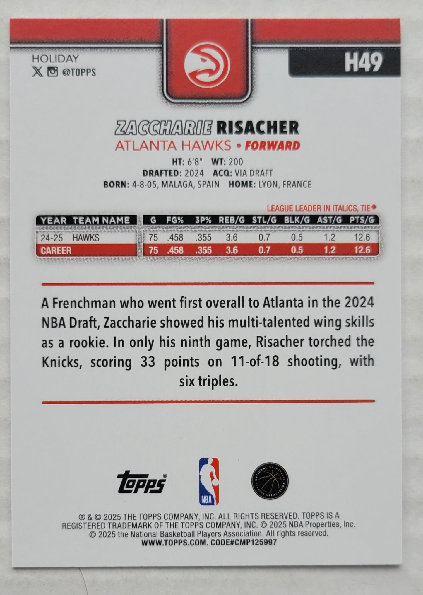 Zaccharie Risacher - 2025-26 Topps Holiday #H49