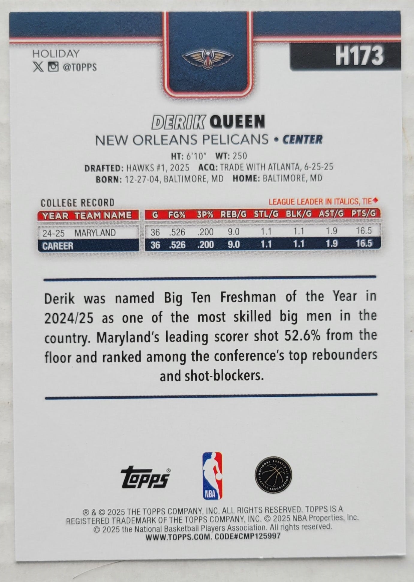 Derik Queen - 2025-26 Topps Holiday #H173 RC