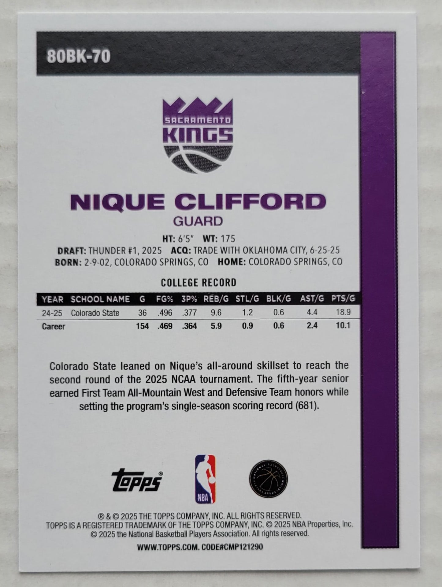 Nique Clifford - 2025-26 Topps '80-81 Topps #80BK70