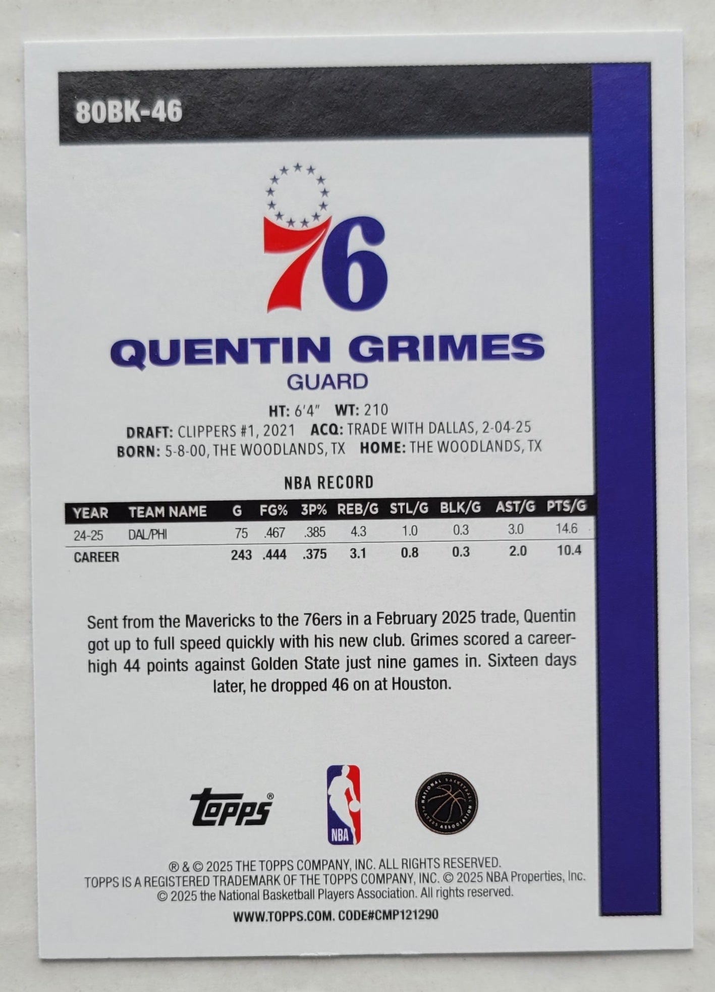 Quentin Grimes - 2025-26 Topps '80-81 Topps #80BK46