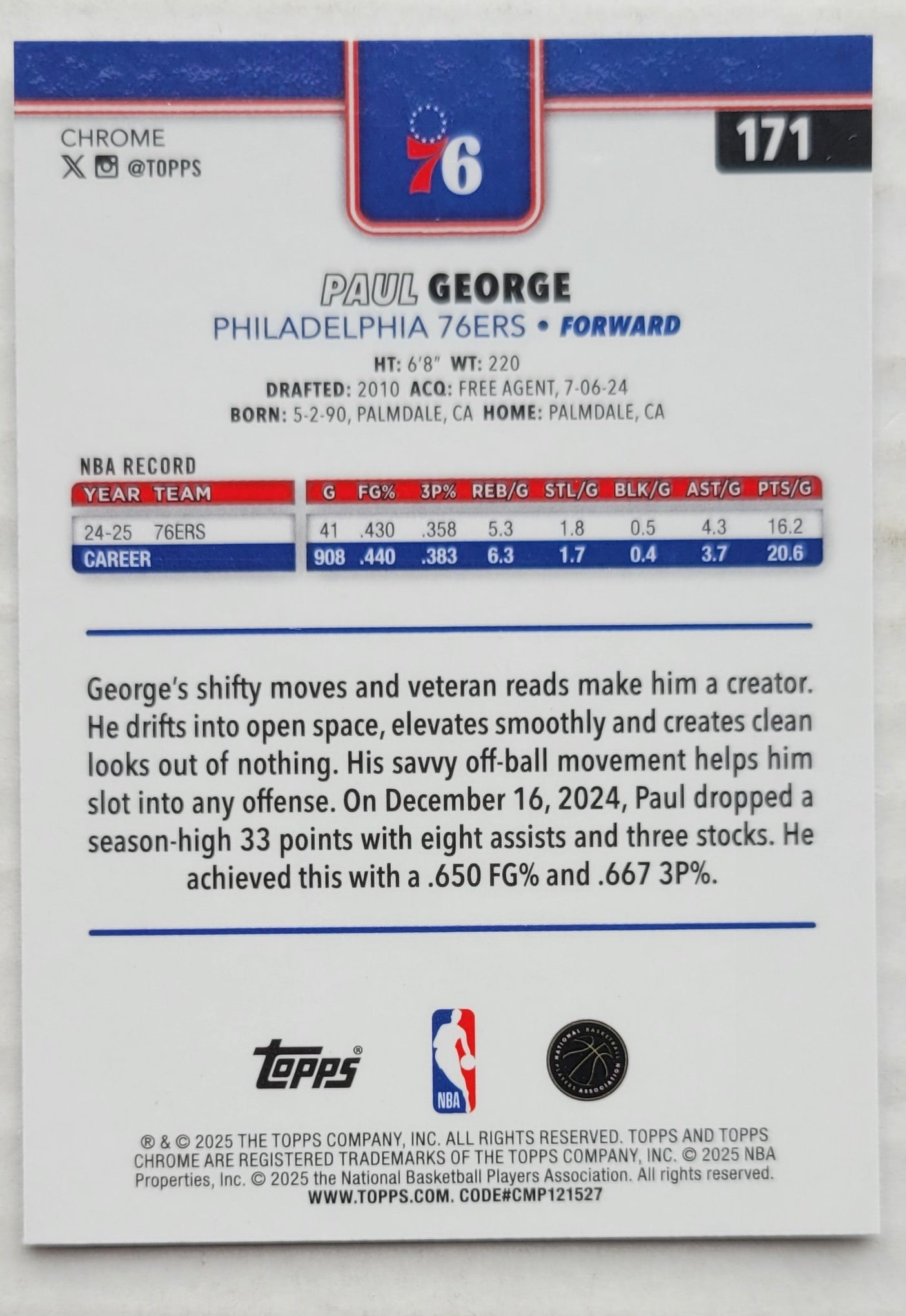 Paul George - 2025-26 Topps Chrome #171