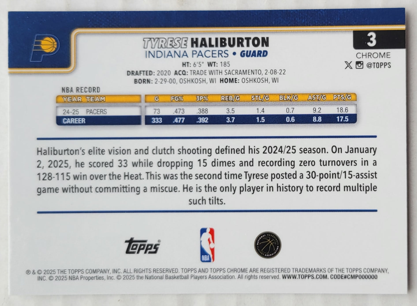 Tyrese Haliburton - 2025-26 Topps Chrome #3
