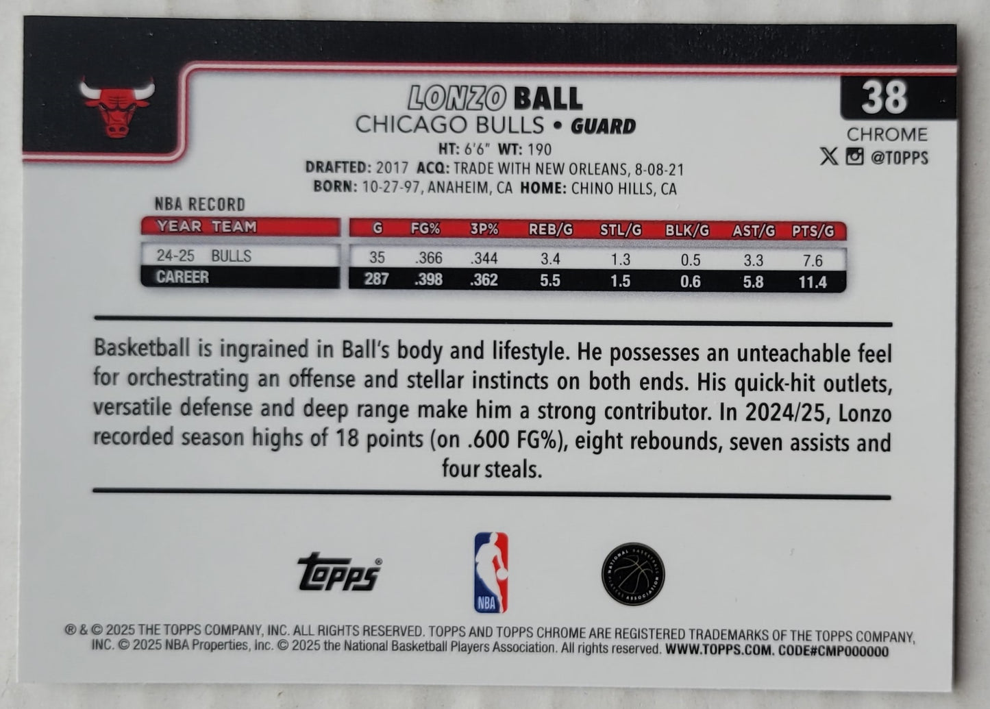 Lonzo Ball - 2025-26 Topps Chrome #38