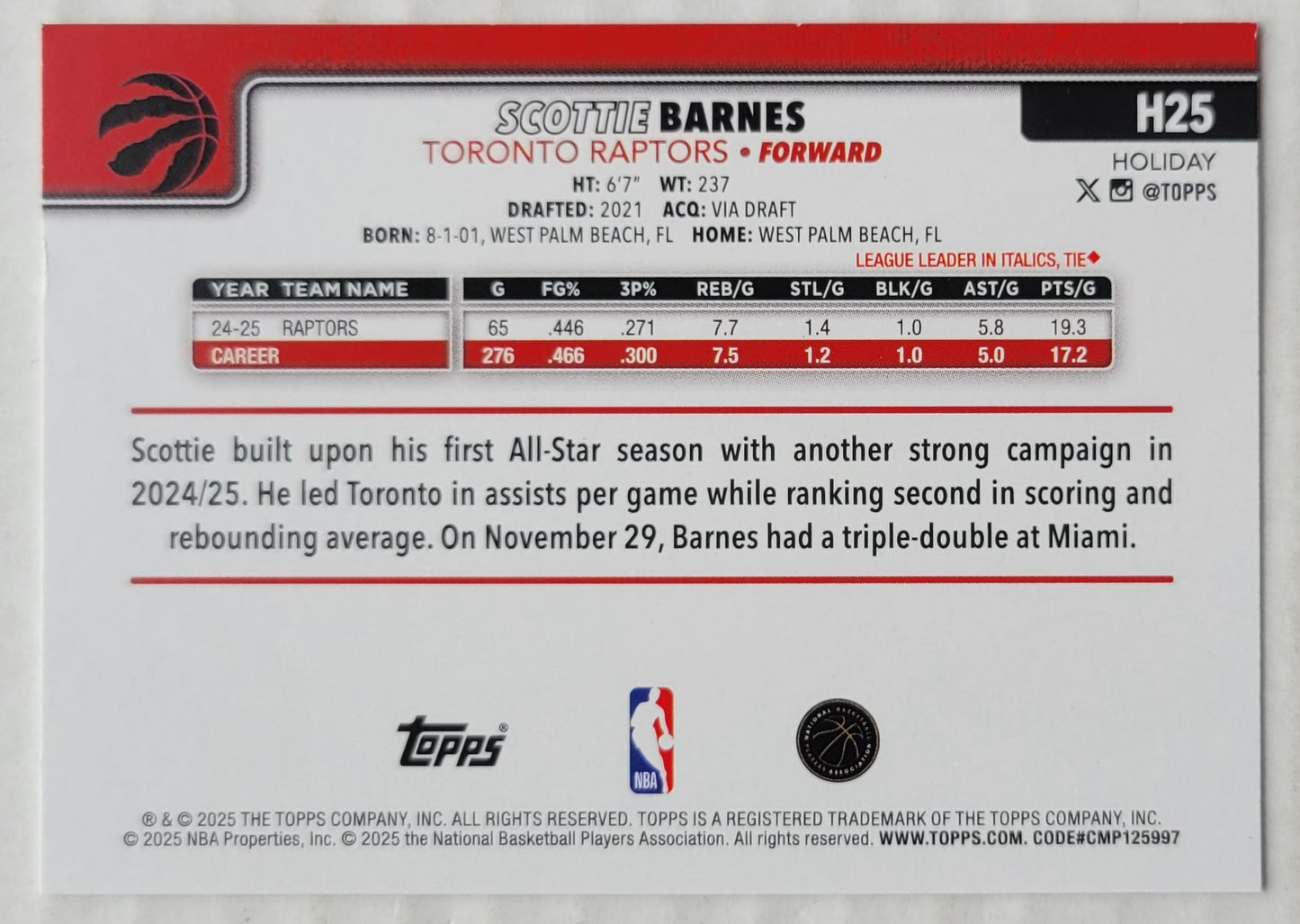 Scottie Barnes - 2025-26 Topps Holiday #H25