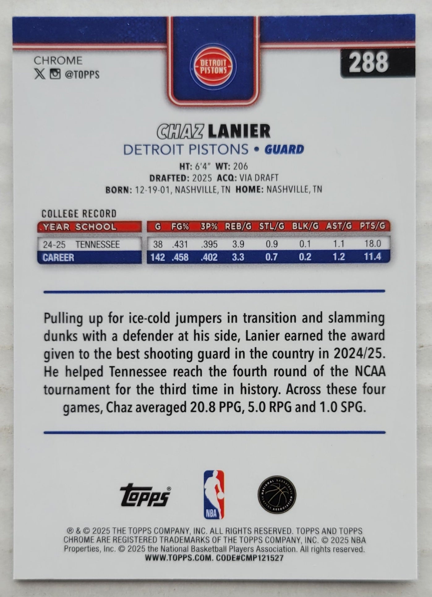 Chaz Lanier - 2025-26 Topps Chrome X-Fractors #288 RC