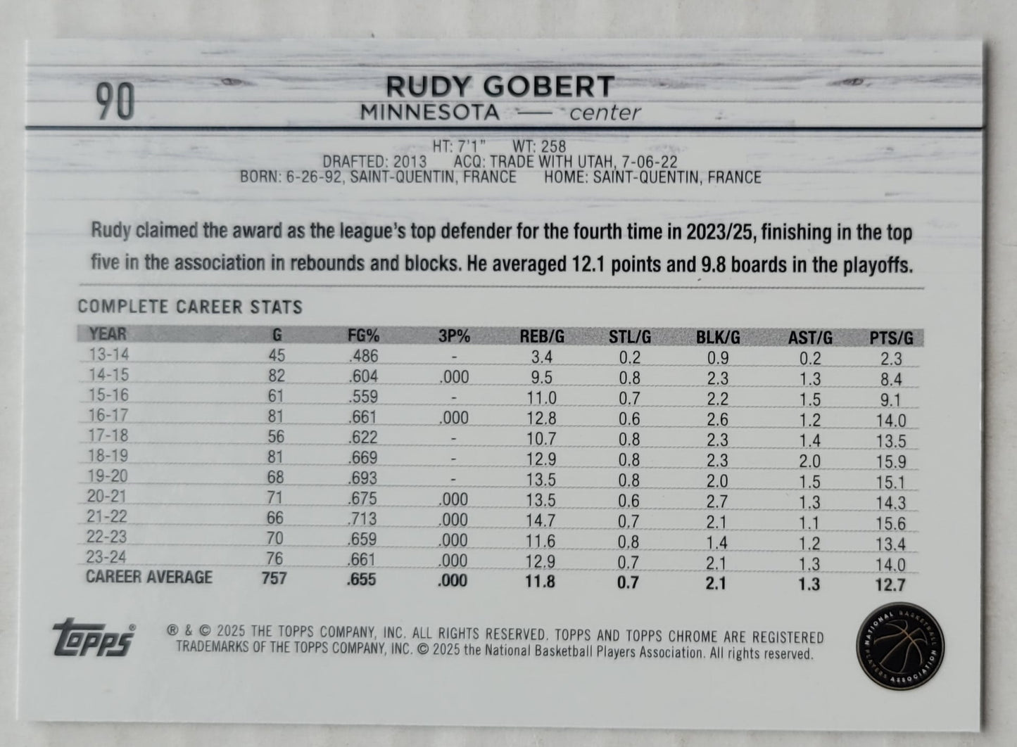 Rudy Gobert - 2024-25 Topps Chrome #90