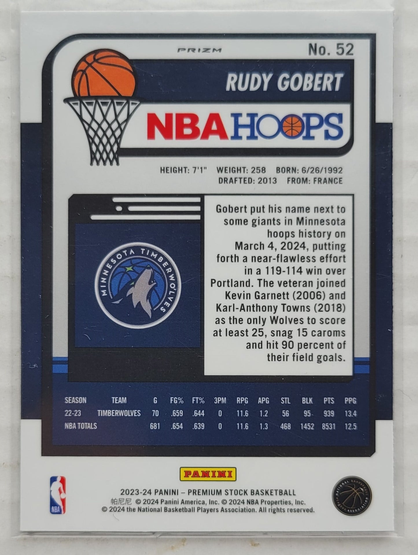 Rudy Gobert - 2023-24 Hoops Premium Stock Silver Prizm #52