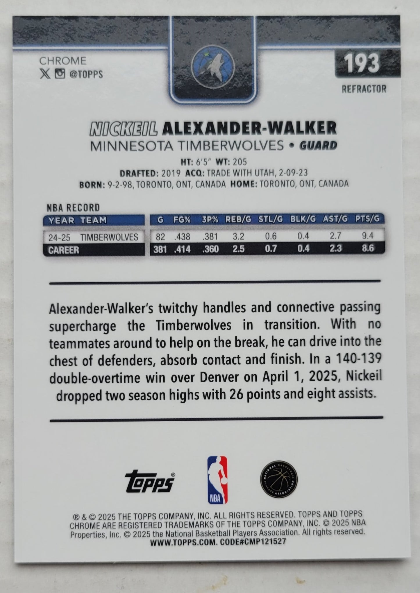 Nickeil Alexander-Walker - 2025-26 Topps Chrome Refractors #193
