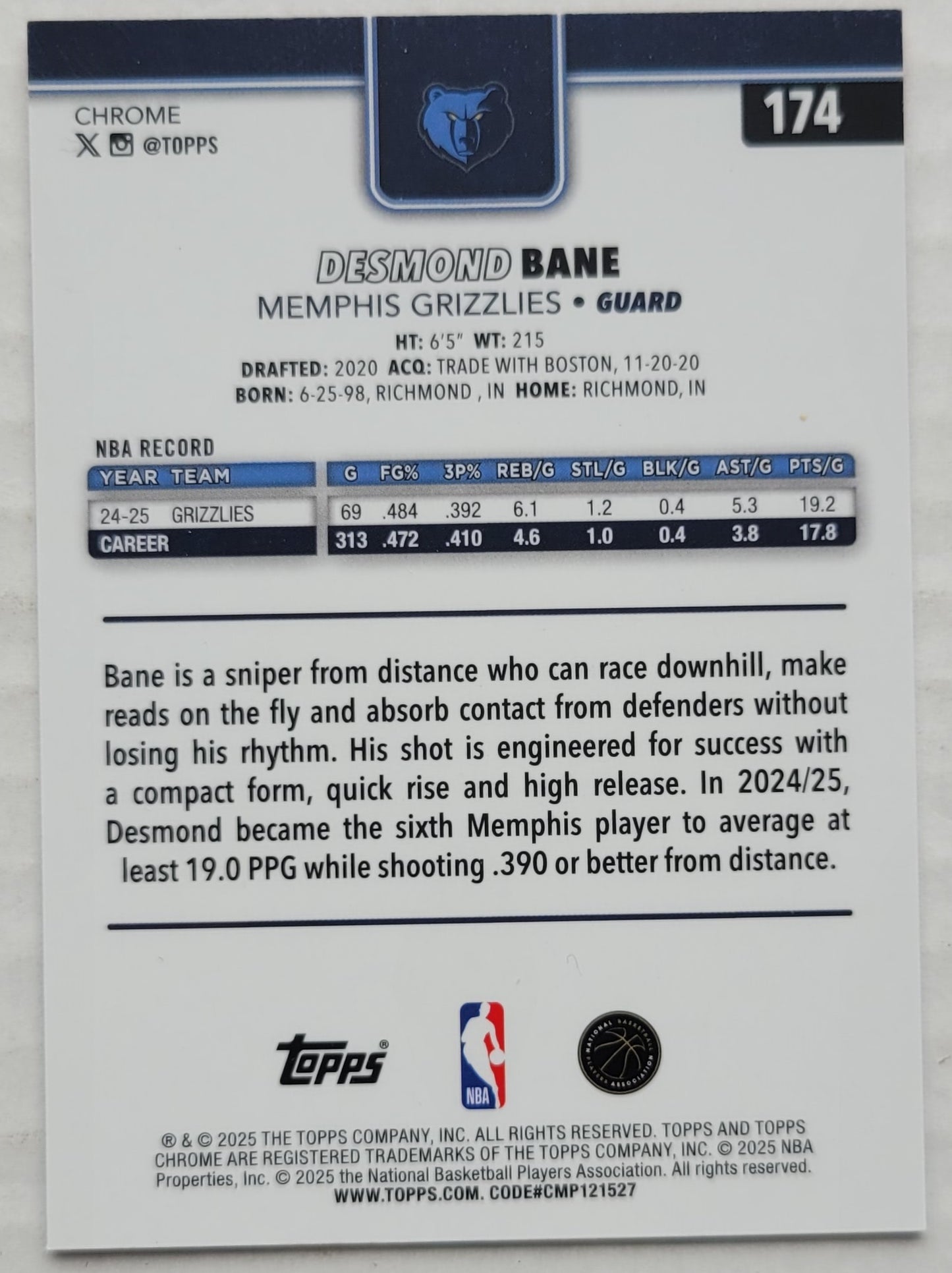 Desmond Bane - 2025-26 Topps Chrome Red White and Blue Refractors #174