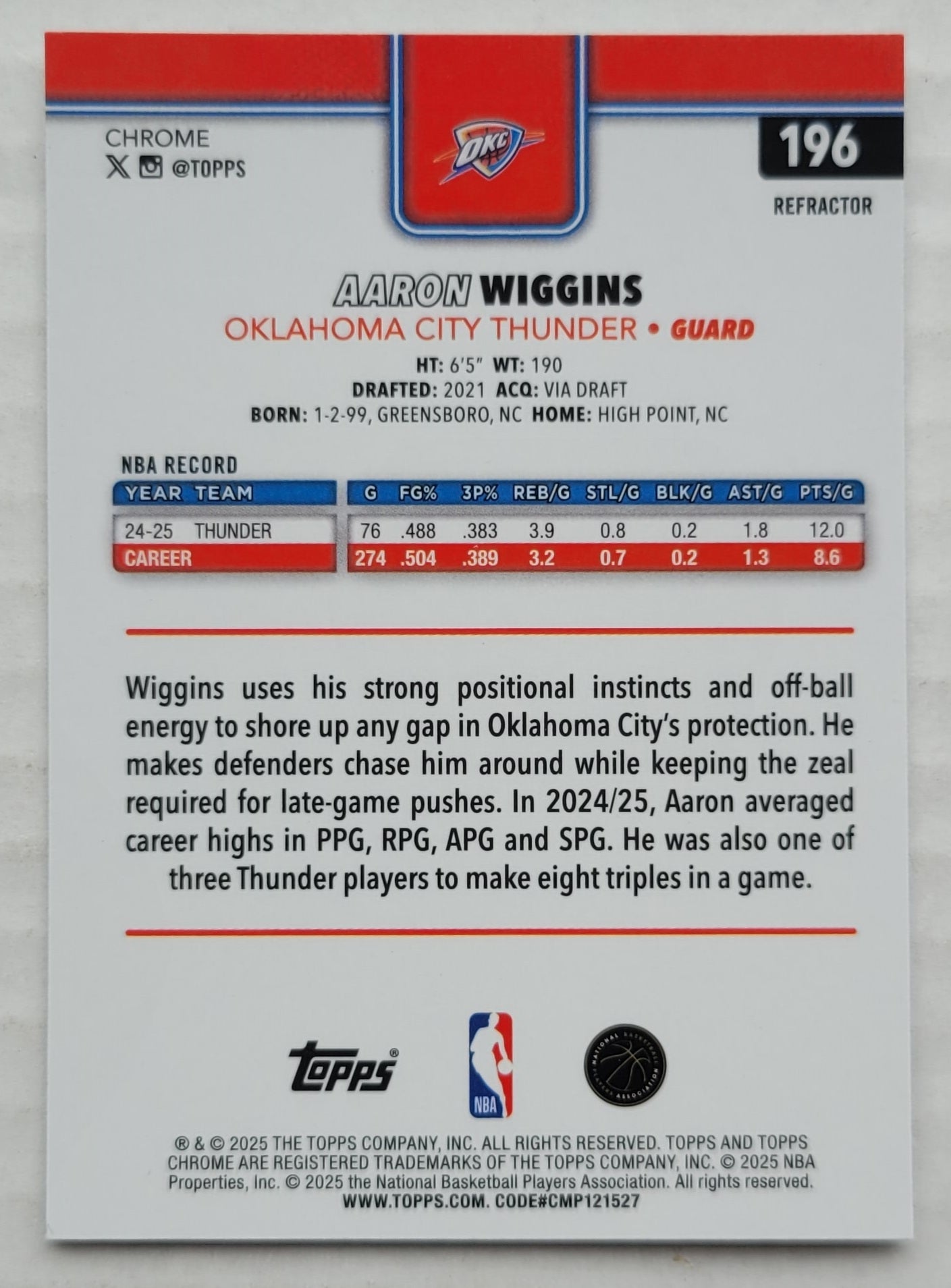 Aaron Wiggins - 2025-26 Topps Chrome Refractors #196