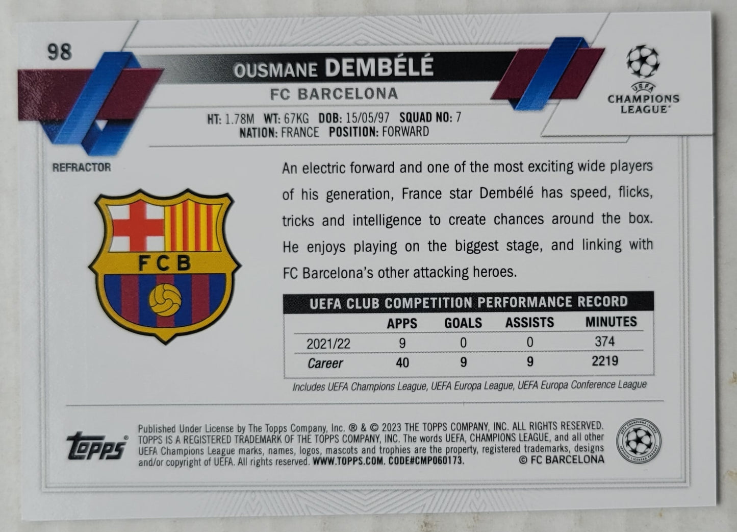 Ousmane Dembele - 2022-23 Topps Chrome UEFA Club Competitions Refractors #98