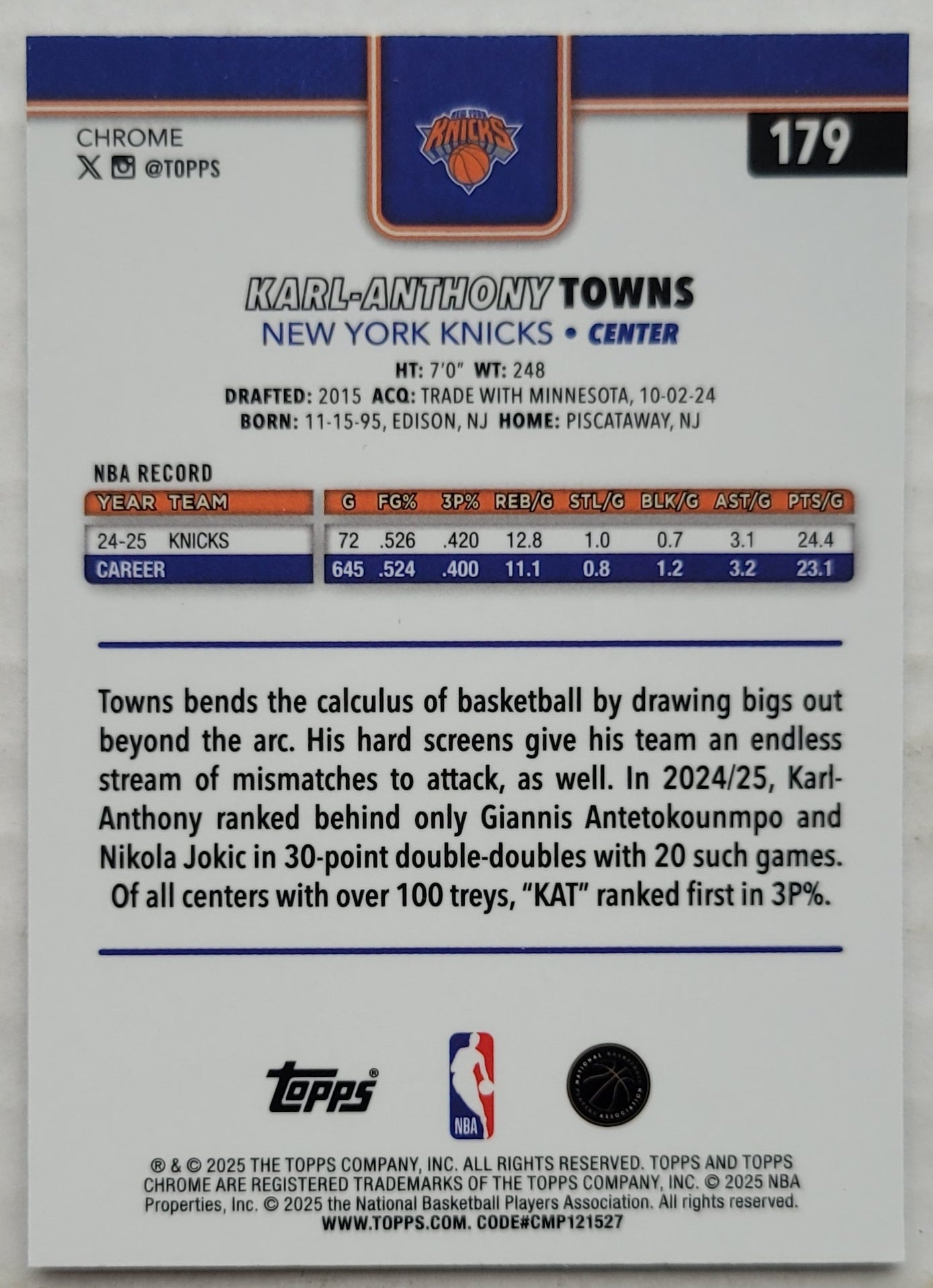 Karl-Anthony Towns - 2025-26 Topps Chrome #179