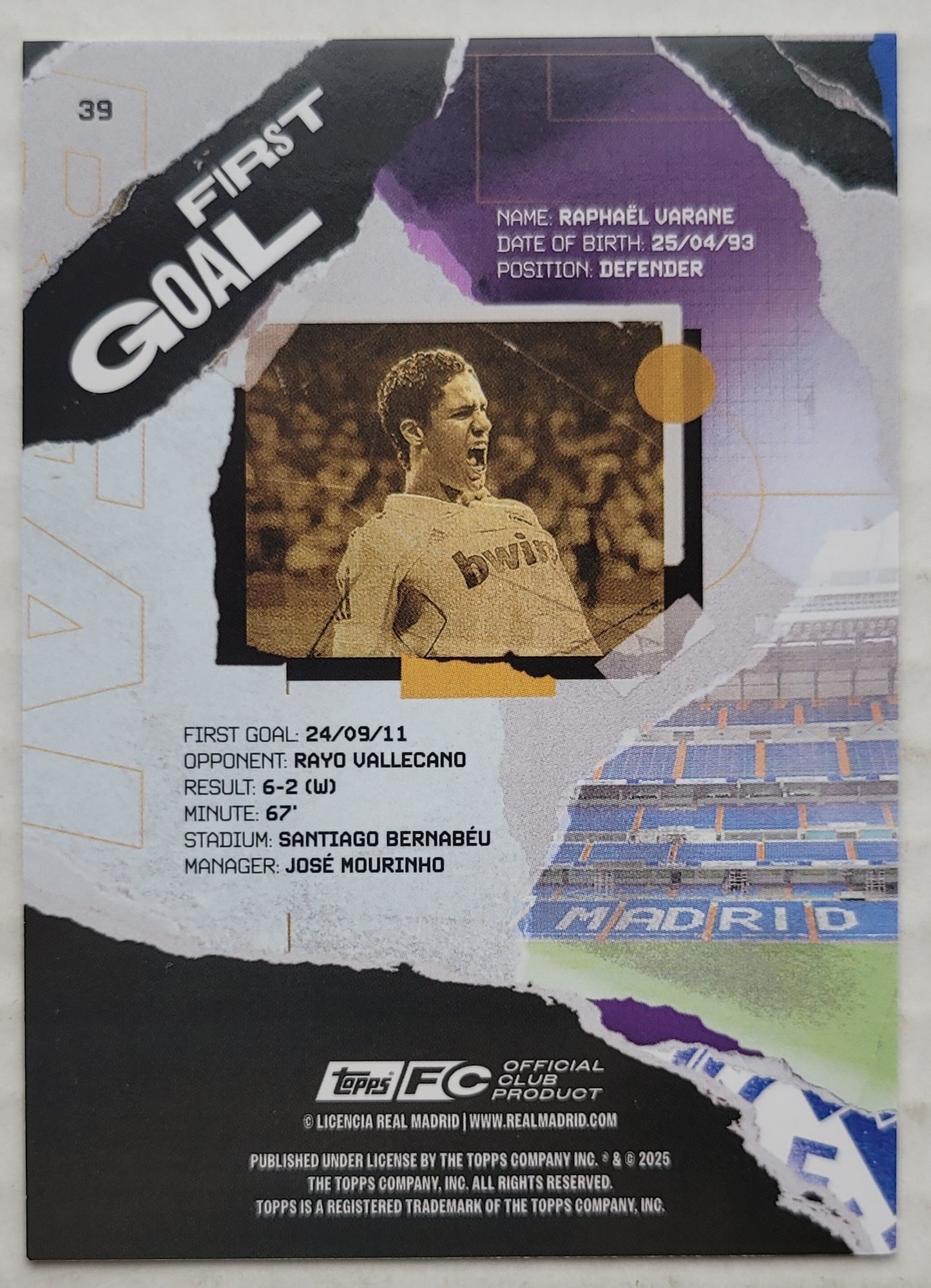Raphaël Varane - 2024-25 Topps Real Madrid Team Set #39 First Goal