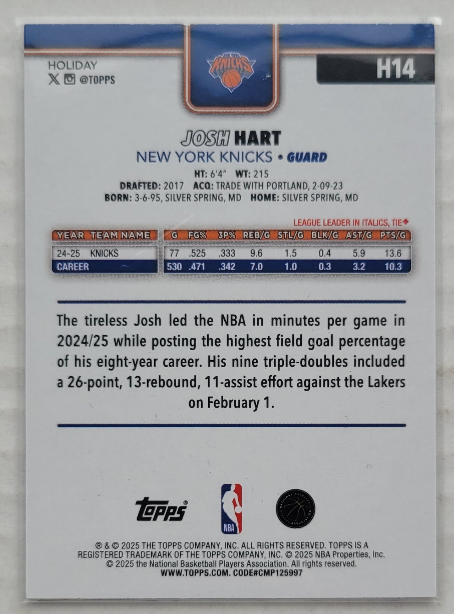 Josh Hart - 2025-26 Topps Holiday Glitter Holiday #H14