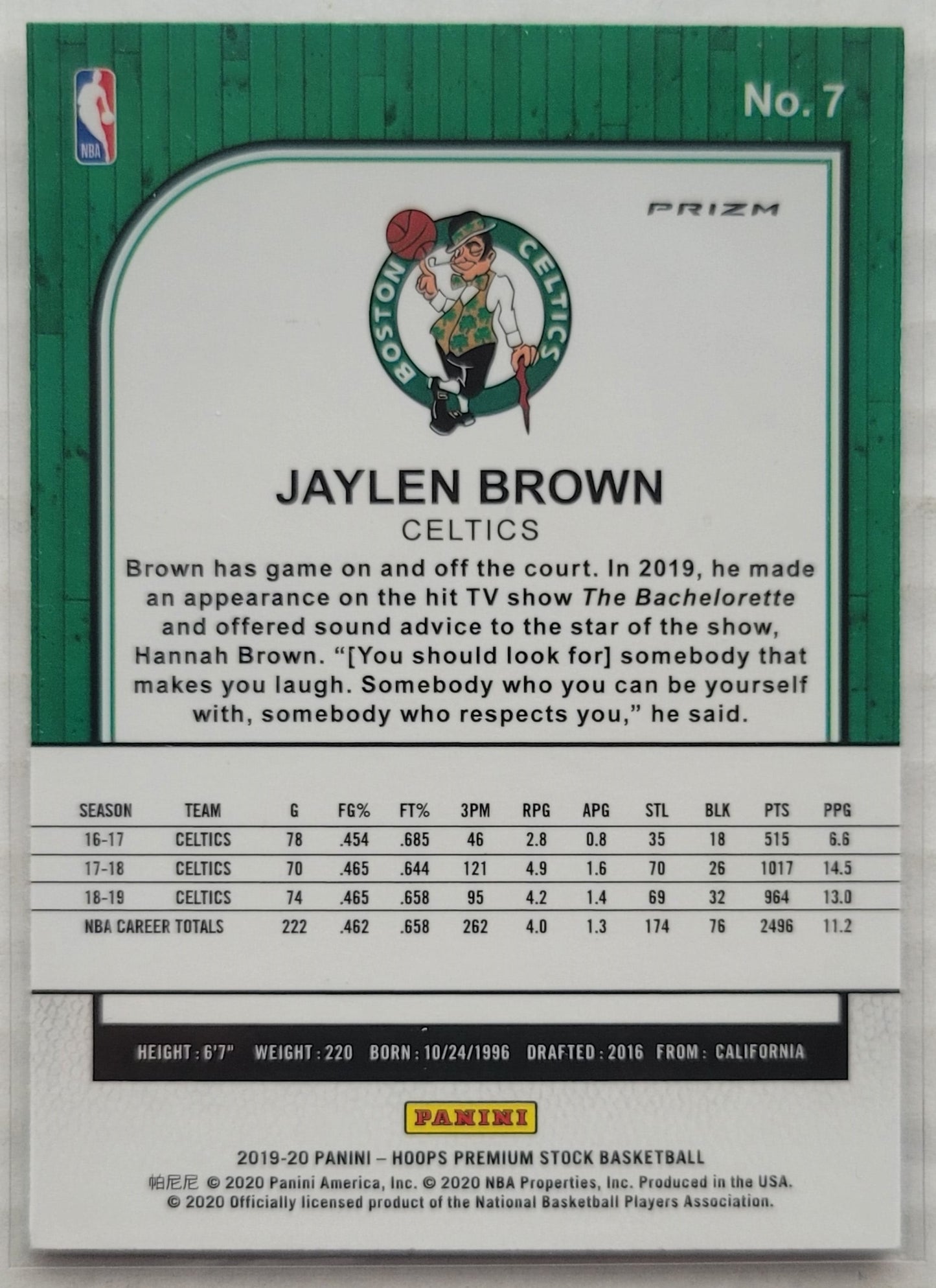 Jaylen Brown - 2019-20 Hoops Premium Stock Prizms Silver Laser #7
