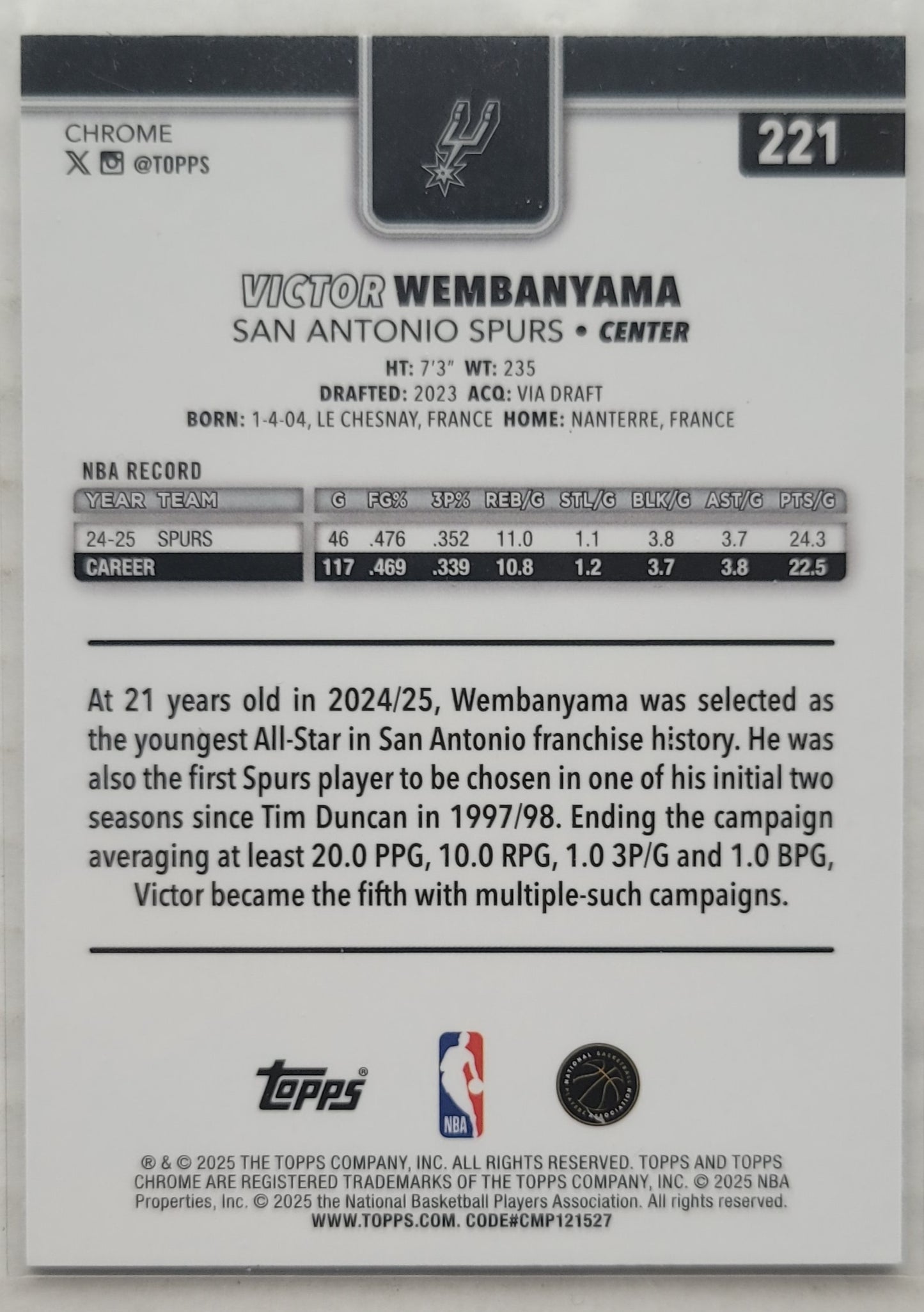 Victor Wembanyama - 2025-26 Topps Chrome X-Fractors #221
