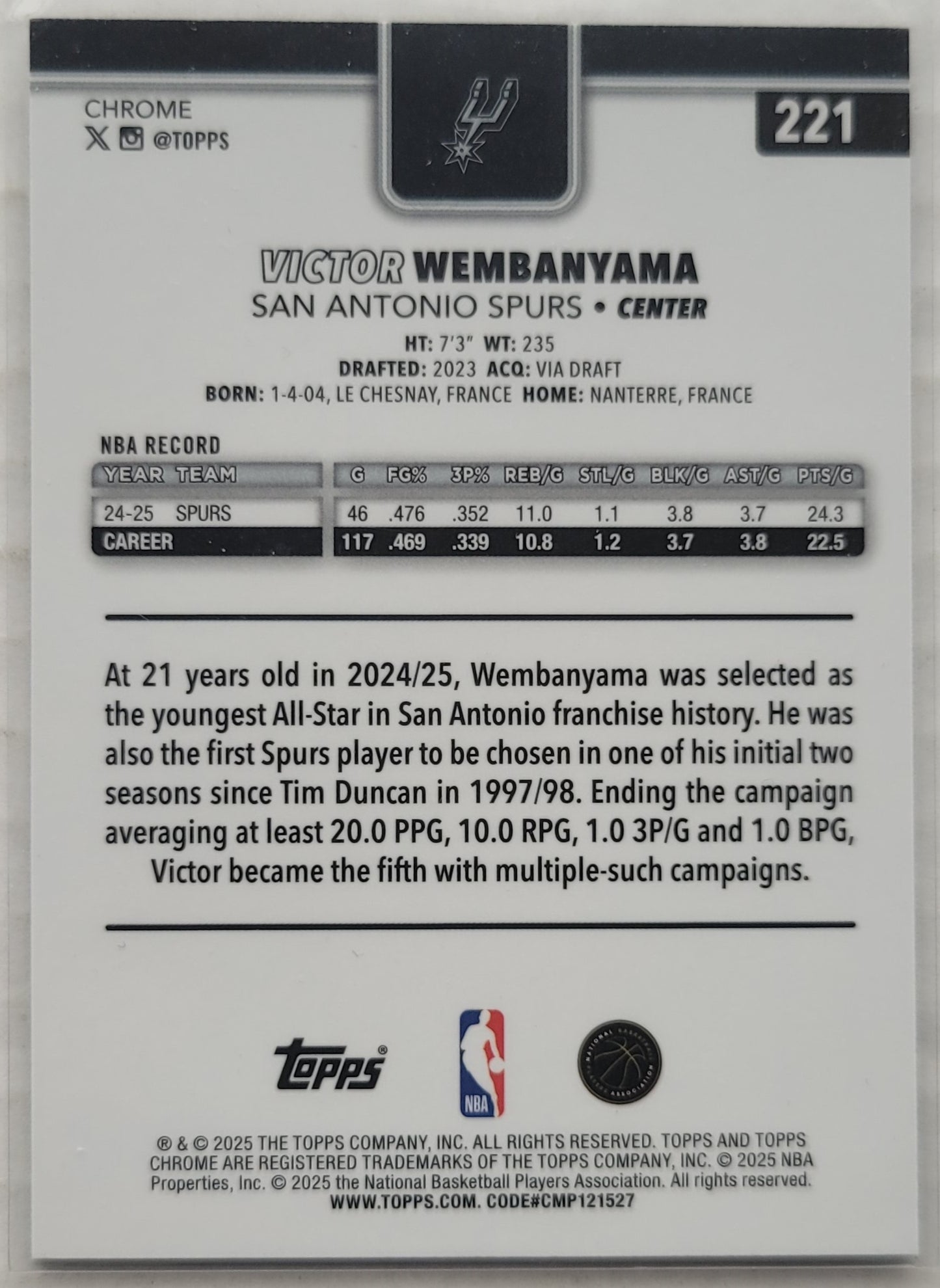 Victor Wembanyama - 2025-26 Topps Chrome #221