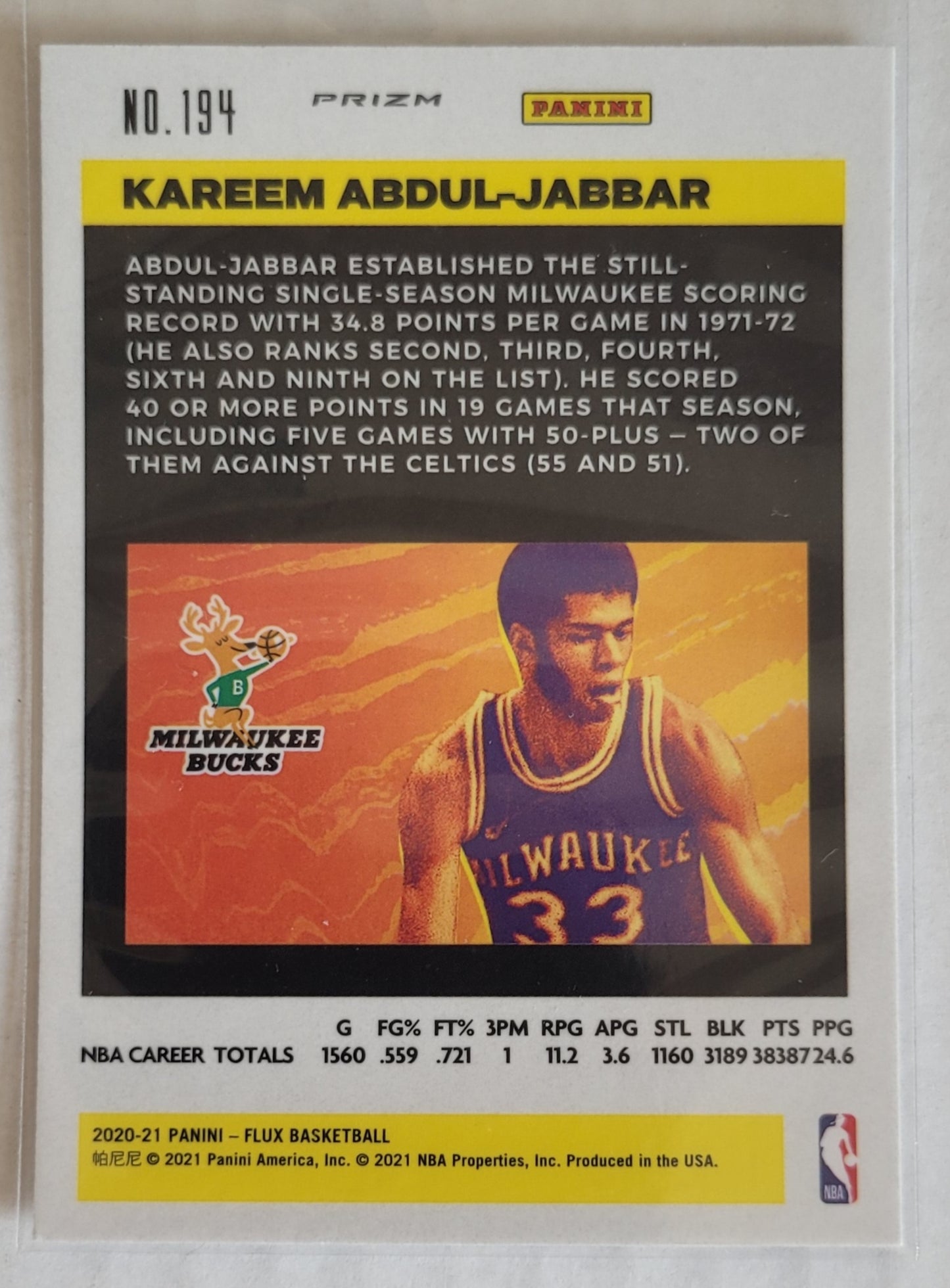 Kareem Abdul-Jabbar - 2020-21 Panini Flux Fanatics Factory Cracked Ice #194