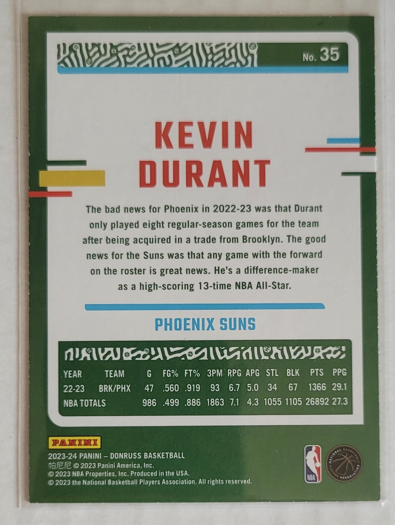 Kevin Durant - 2023-24 Donruss Holo Green Laser #35