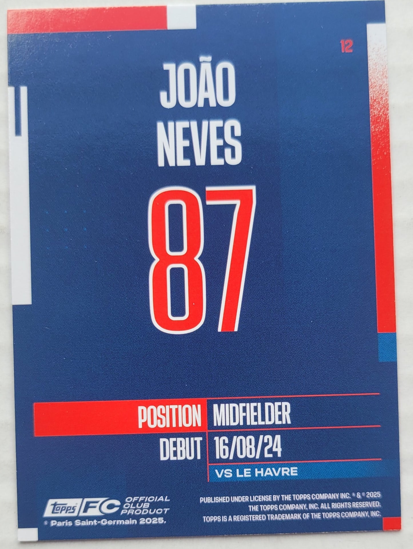 Joao Neves - 2024-25 Topps Paris Saint-Germain Team Set #12
